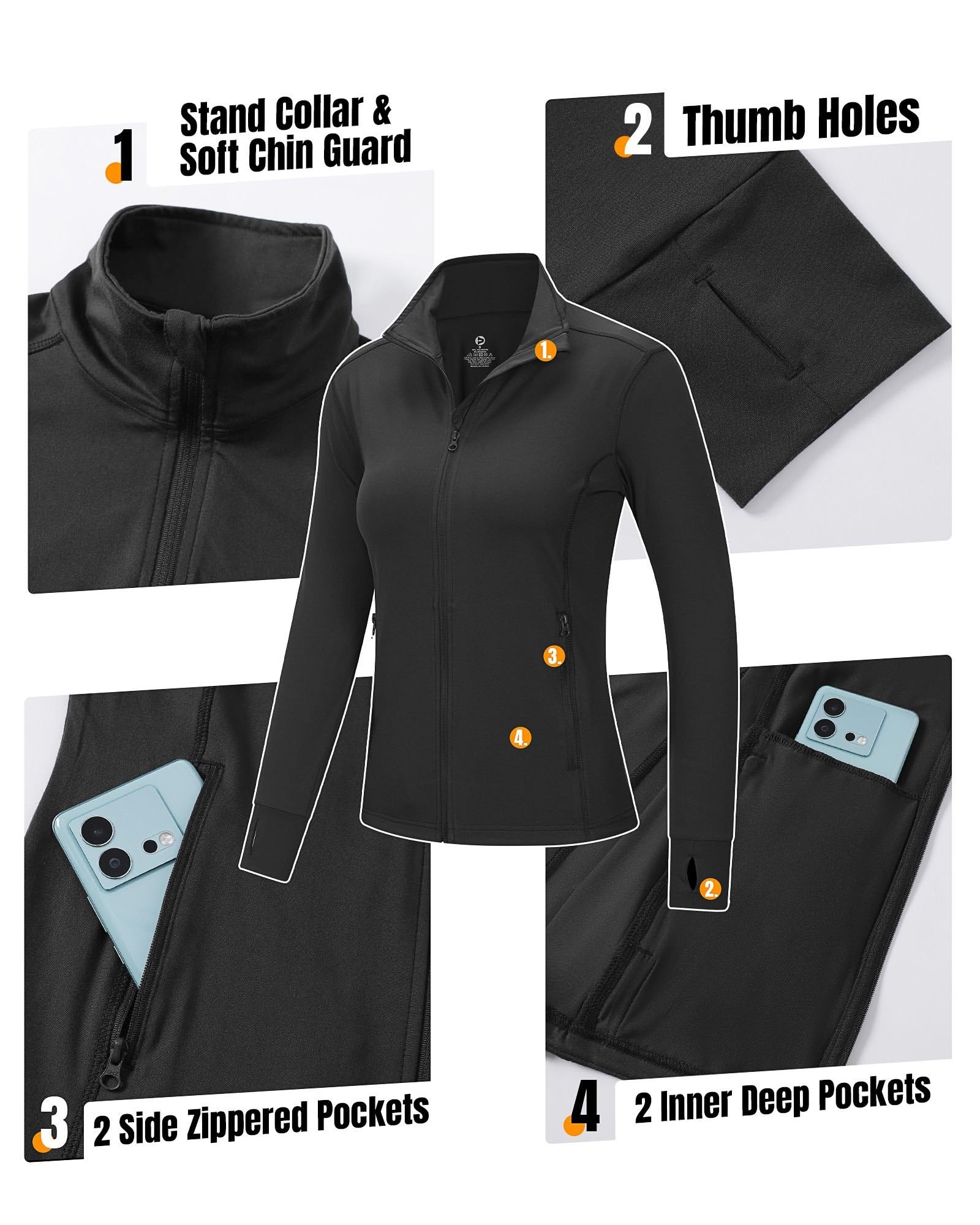 Outdoor Ventures Veste de course pour femme, col montant, veste de sport, manches longues, veste de survêtement légère et respirante, sans capuche, avec trou pour les pouces et poche, pour la course