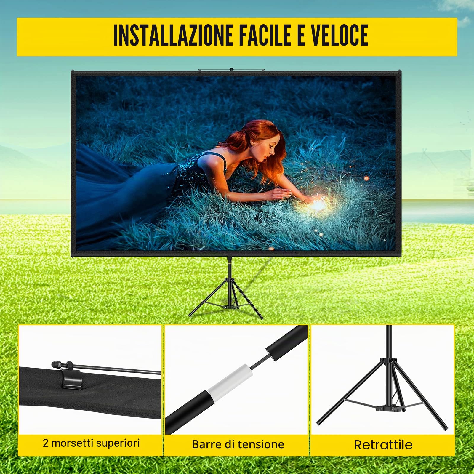 VEVOR Schermo per proiettore treppiede con supporto 110pollici 16:9HD supporto per schermo di proiezione in altezza regolabile schermo per proiettori interni ed esterni per film,giochi,ufficio