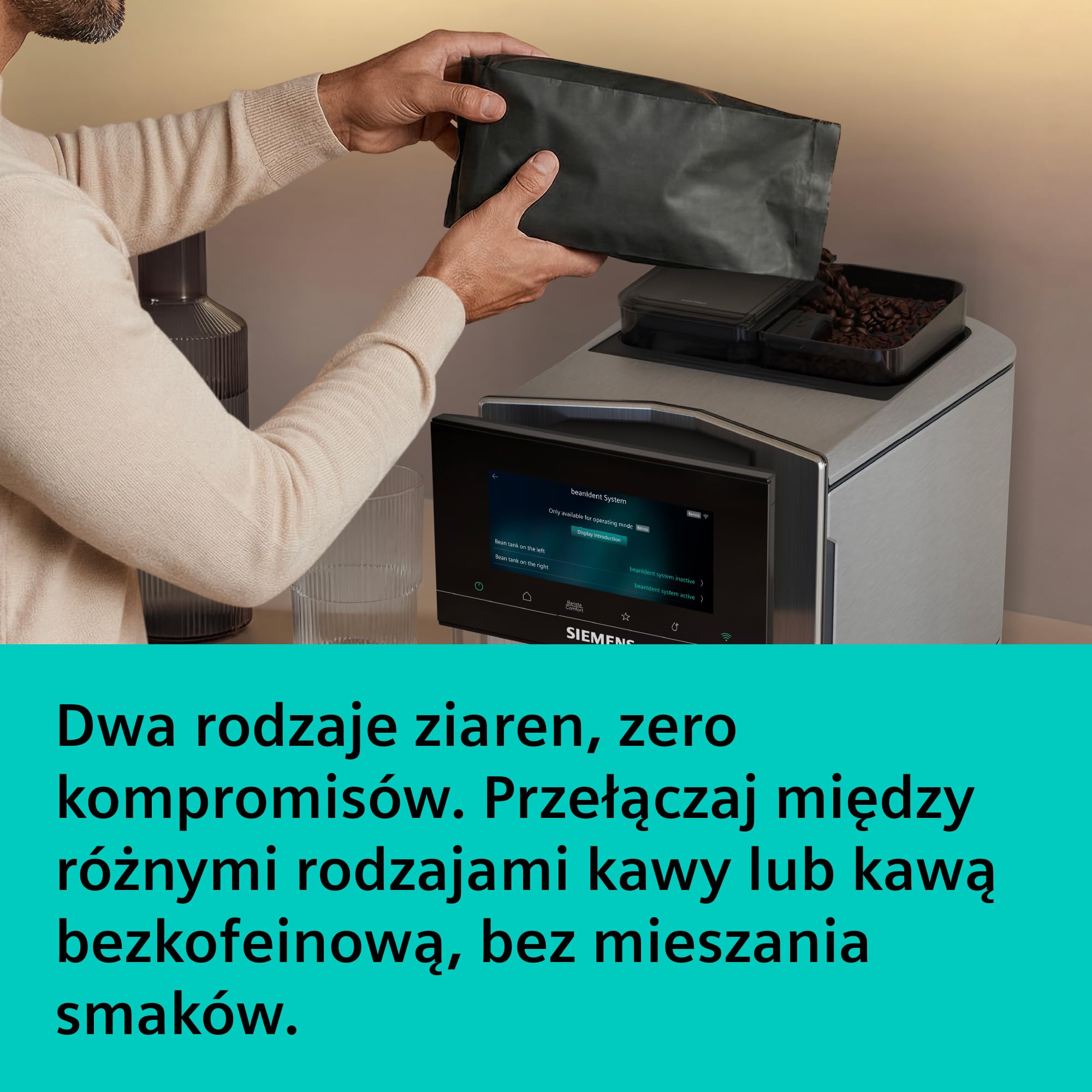 Siemens, automatyczny ekspres do espresso, EQ900 iAroma, spersonalizowane ustawienia smaku, precyzyjne mielenie, duży wyświetlacz, dwa pojemniki na ziarna, stal nierdzewna, TQ927E03