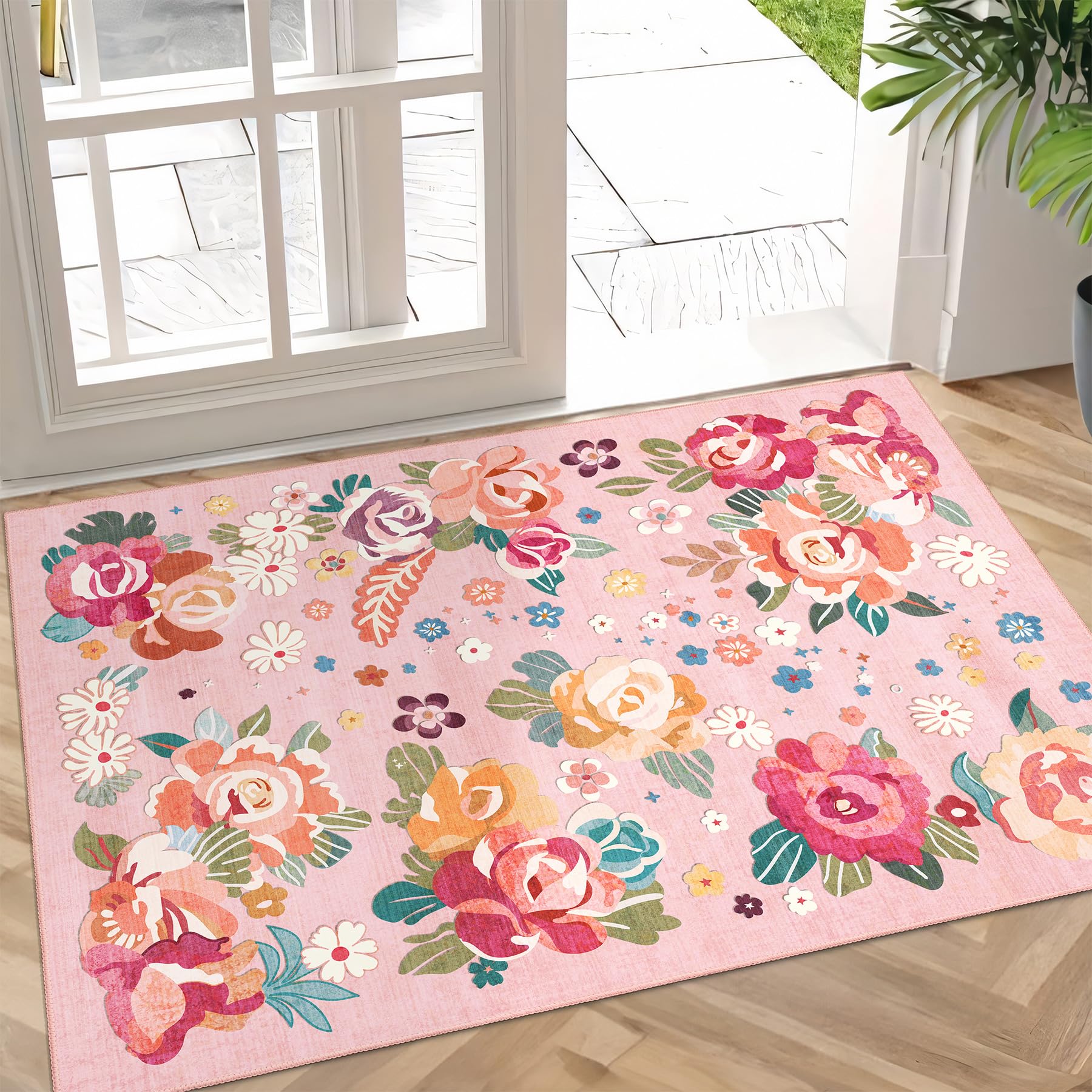 Small Rugs 2x3 Pink Floral Rug for Entryway Bathroom Kitchen Entrance Doormat Boho Vintage Bohemian Distressed Farmhouse Washable