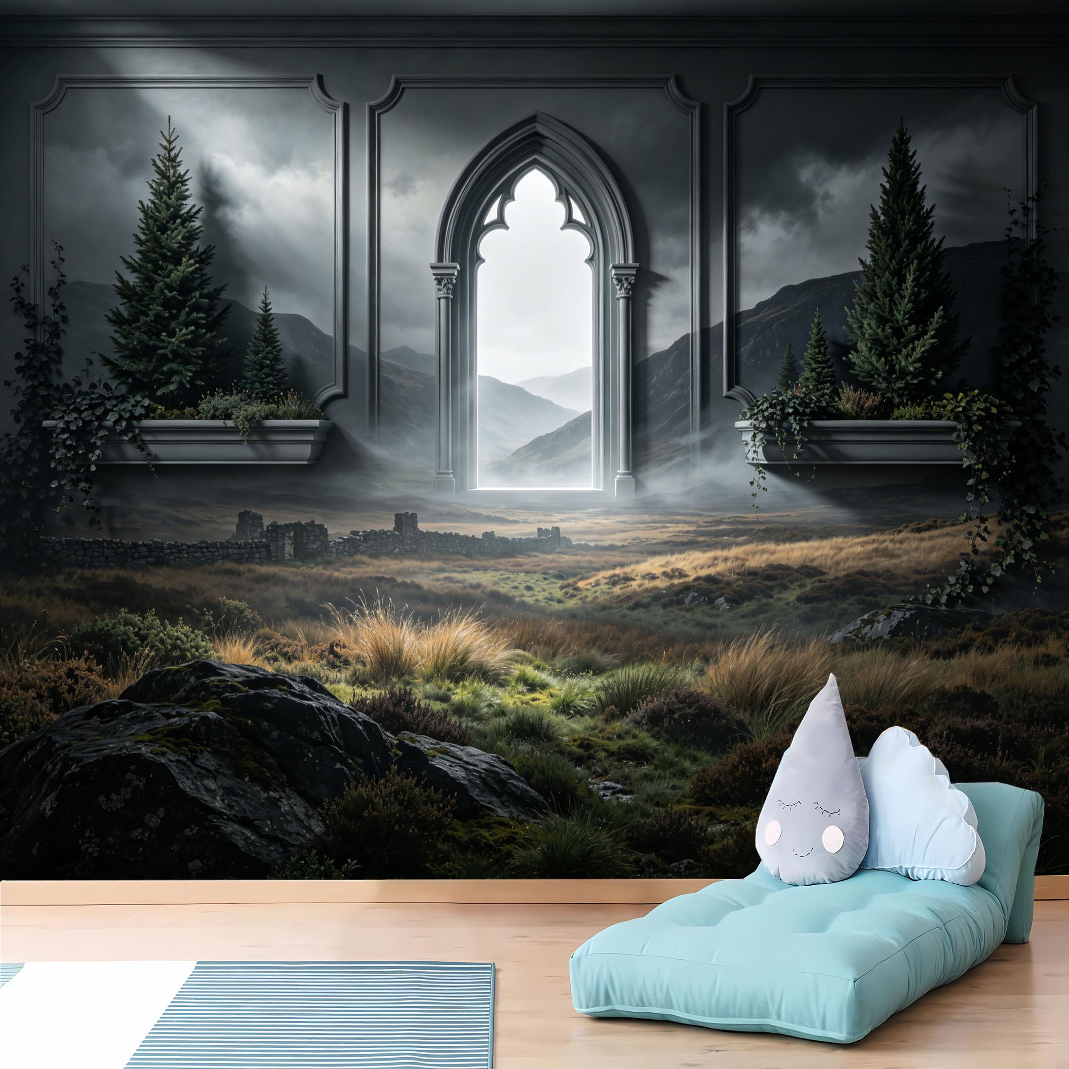 Custom Size Wall Murals,Gothic Arched Window Misty Moorland Landscape Wall Murals,Realistic,Self-Adhesive Removable Wallpaper for Living Room