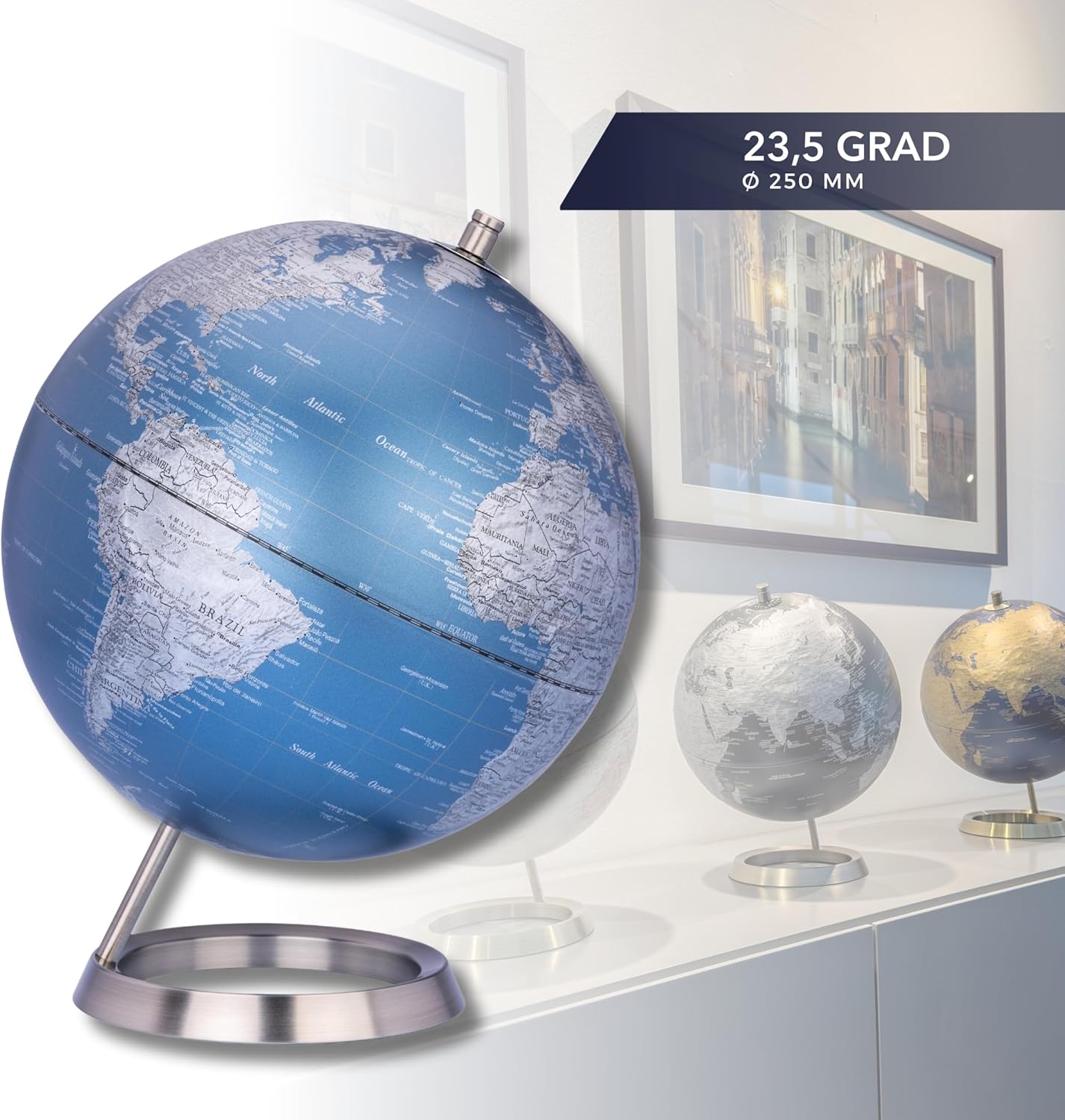 TROIKA Globe 23.5 DEGREES matt globe deep blue seas & silver-coloured land areas Ø 25 genuine map relief chrome-plated metal base with brushed finish, soft felt base