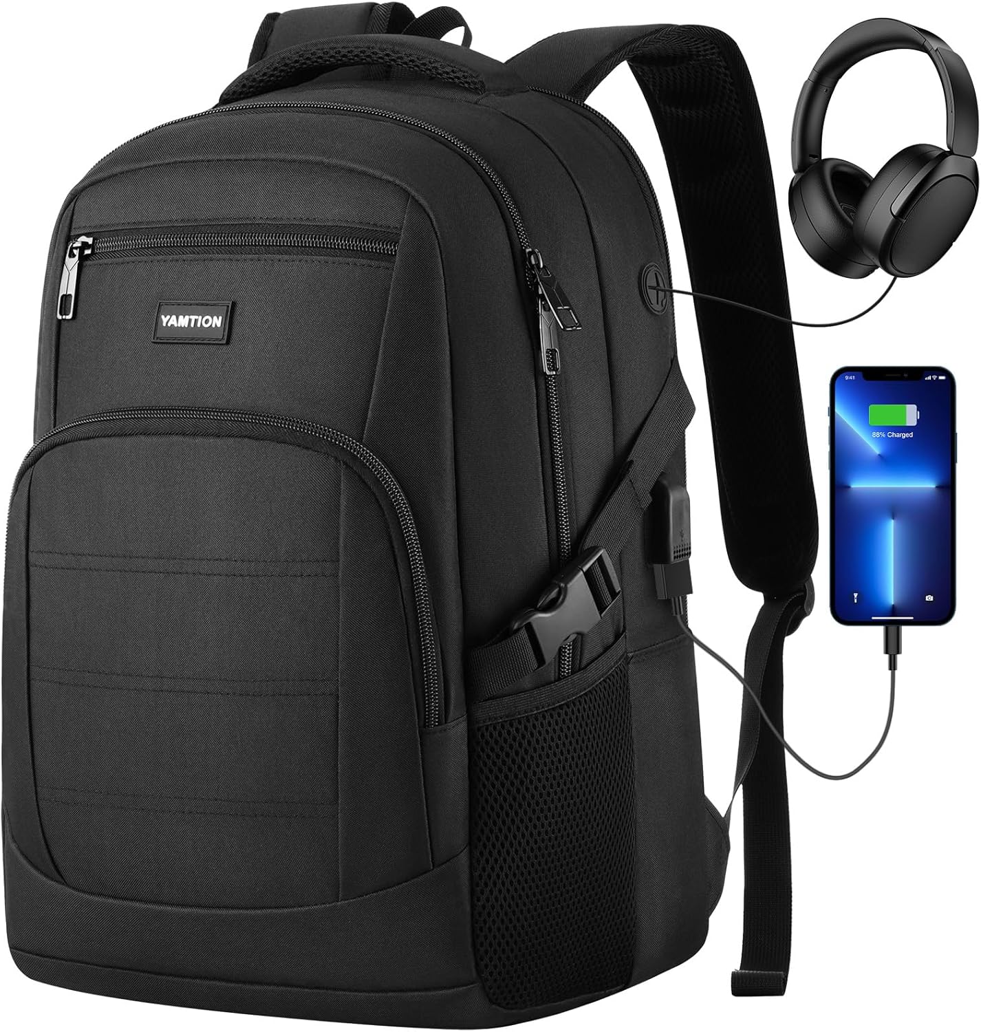YAMTION Black Backpack for Men and Women, Laptop Backpack with USB Charging Port, School Backpack for Boys and Girls, Lightweight Bookbag, Work Backpack Fits 15.6 Inch Notebook