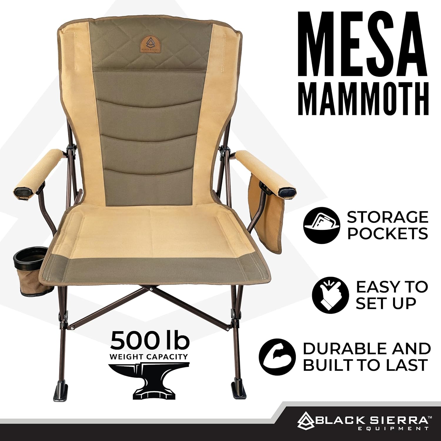 Black Sierra Oversize Camping Chair for Adults Supports 500 lbs, XL Heavy Duty Hard Arm Folding Chair, Steel Frame Durable Padded Outdoor Seat, Portable Fold Up Chair w/Cup Holder and Storage Bag - Image 7