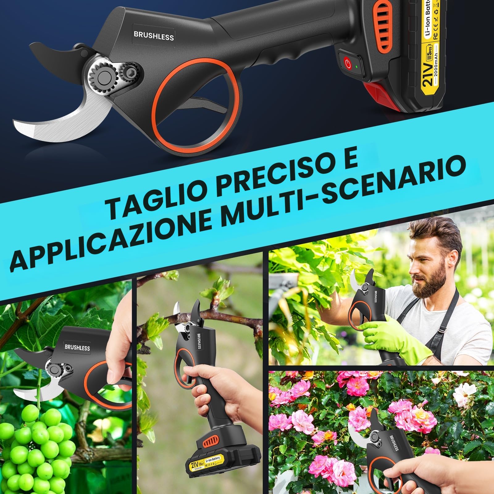 Forbici da potatura Elettriche, 33 mm, Motore Brushless da 800 W, 21V 2 * 2000 mAh, 2 SK7 Lame, 500.000 tagli Effettivi, Cesoie Elettriche per giardinaggio, alberi da frutto, vigneti