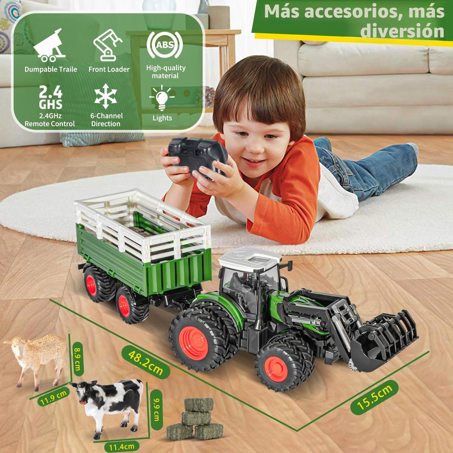 Tractor Juguete a Partir de 3 años, 2.4 GHz Tractor teledirigido teledirigido con Remolque, RC Trecker Juguete con Mando a Distancia, Vaca y Oveja, Regalo 2 3 4 6 años