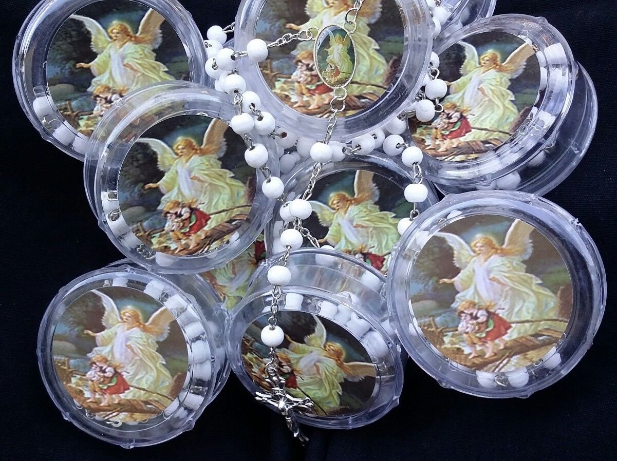 YRP First Communon Baptism White Scented Rosary Favor - 12 Guardian Angel Rosaries with Individual Gift Box