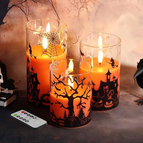 Eywamage Orange Halloween Glass Flameless Candles with Remote, Real Wax