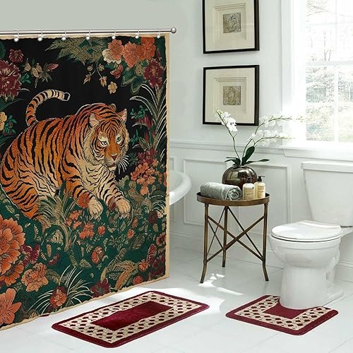 Miniatura 358 de Cortinas de ducha de baño con ganchos, 72 x 92 pulgadas, cortina de ducha de tela impermeable con diseño de flores y pájaros, cortina de ducha