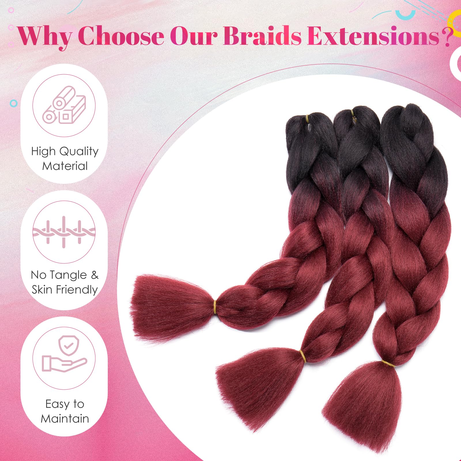 Benehair Braid Extensions 24 Inches Ombre Jumbo Braiding Hair Colorful Synthetic Hair Extensions for Braiding Black/Auburn Hair Extensions for Women(Black/Auburn - Image 4