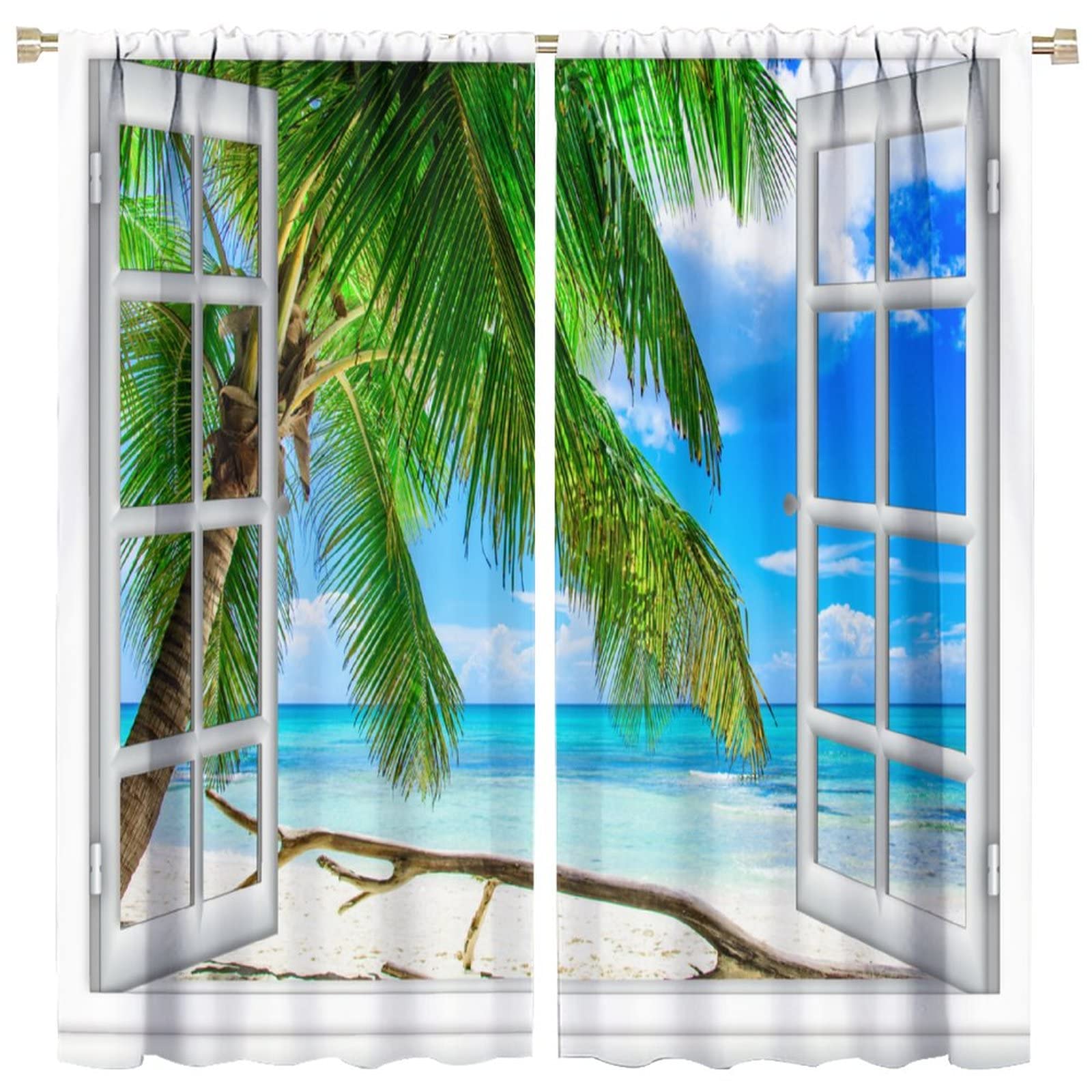 Beach Curtains Summer Tropical Ocean Exotic Palm Trees Rod Pocket Blackout Window Drapes 2 Panels Set for Children Boys Girls Bedroom Living Room Decor 63x63in