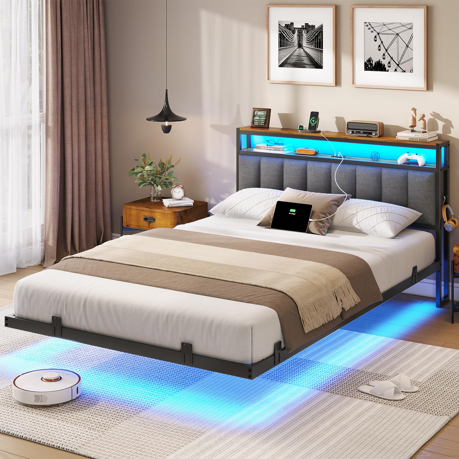 AOGLLATI Cadre de Lit 140x190 avec Multiprise et Éclairage LED, Lit 2 Personnes Flottant avec Tête de Lit Rangement, Sommier en Métal, Structure Stable, Lin Gris Foncé(sans Matelas)