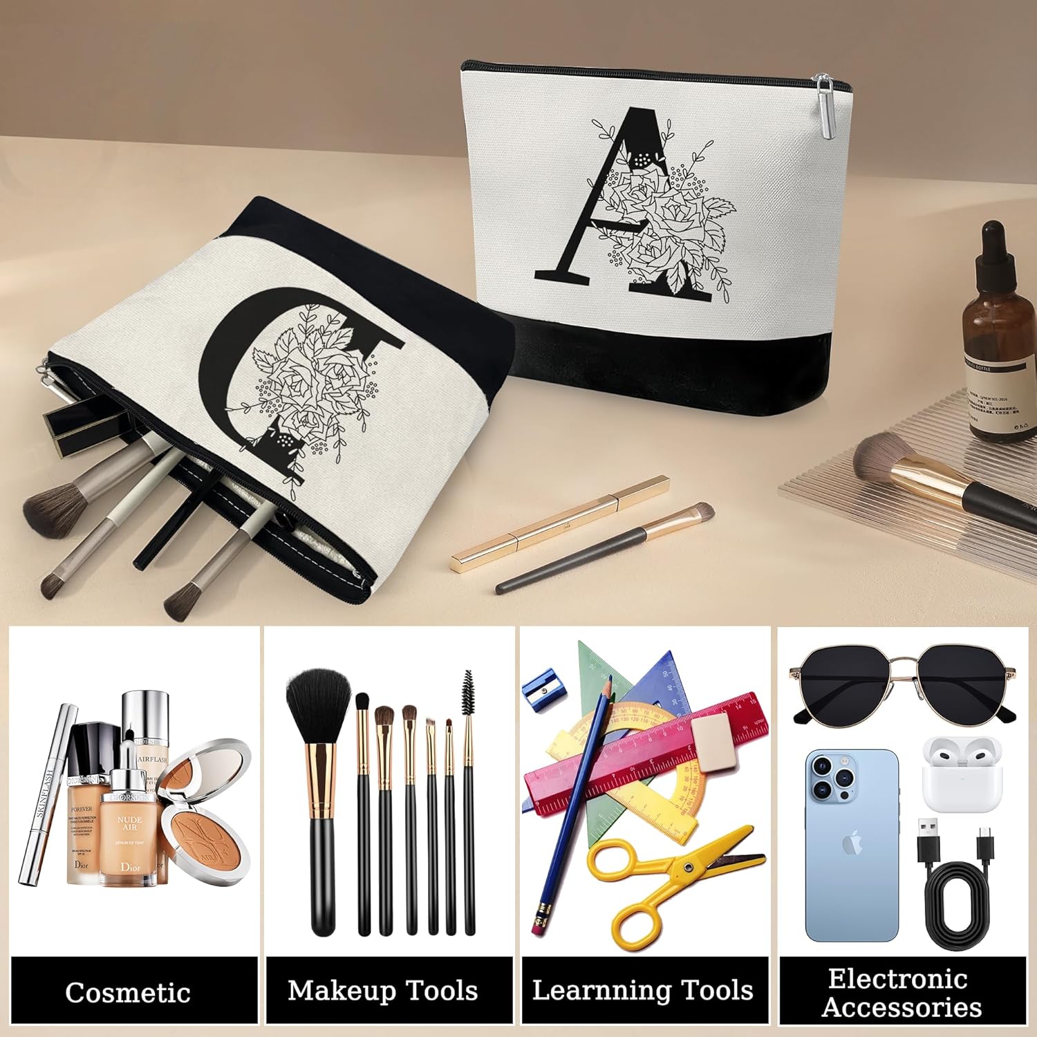 Custom Glass Cup & Makeup Bag Set - Personalized Gifts for Women, Initial 16 oz Glass Tumbler with Lid & Straw, Monogram Makeup Bag - Birthday Gifts For Women, Mother's Day Presents(A) - Image 5