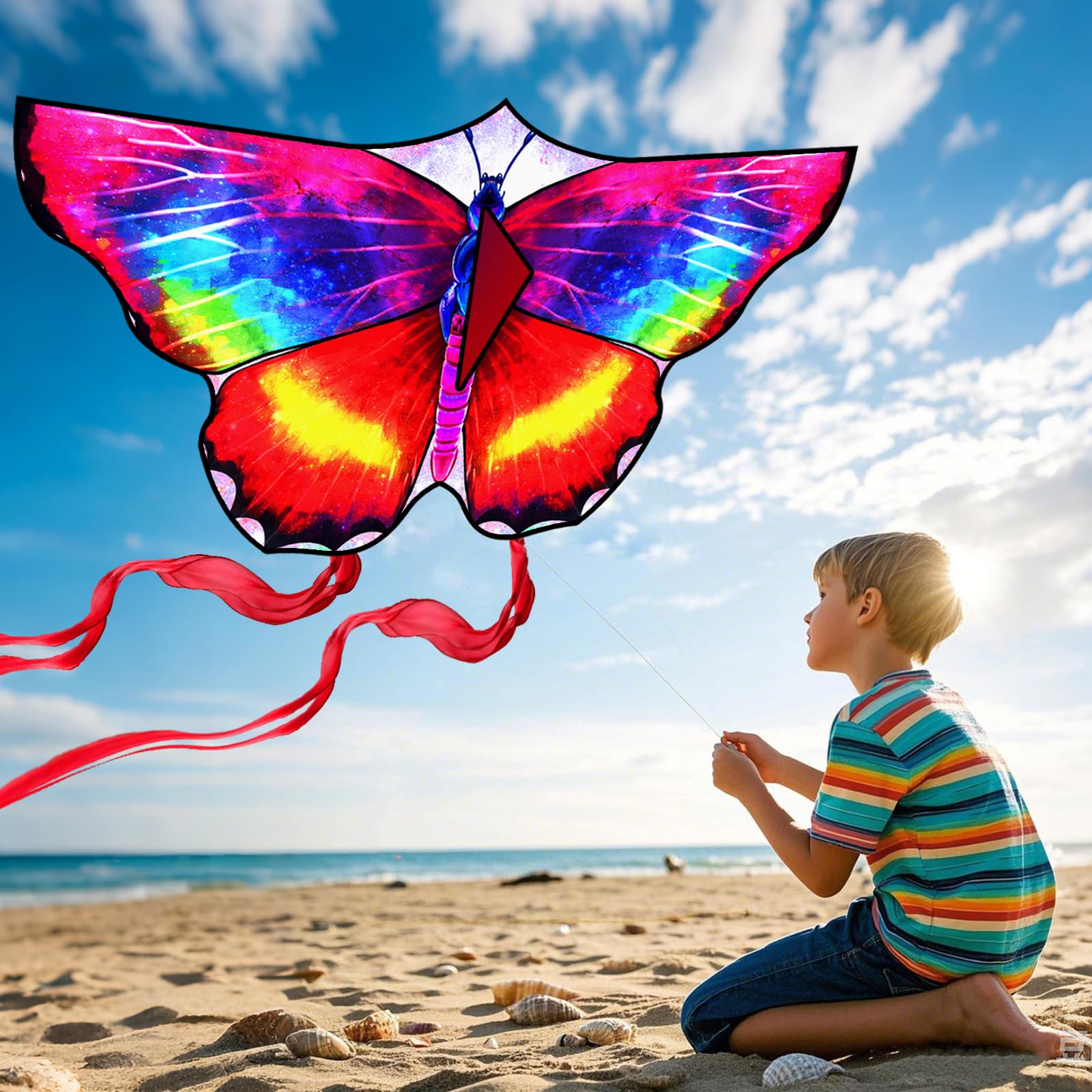 FejoHify Butterfly Kite Kids Adults Easy to Fly Assemble Ages 4-8 8-12 Single line String Handle 210t Ripstop Nylon Fabric Beach Park Outdoor Activities (Multi-Color)