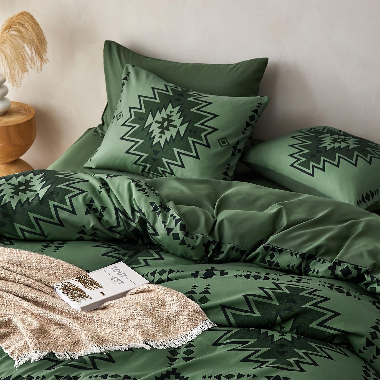 Wake In Cloud - Western Comforter Set, Boho Southwestern Rustic Farmhouse Style with Aztec Geometric Block Pattern, Soft Lightweight Bedding, 3 Pieces, Dark Olive Green, Queen Size - Image 6