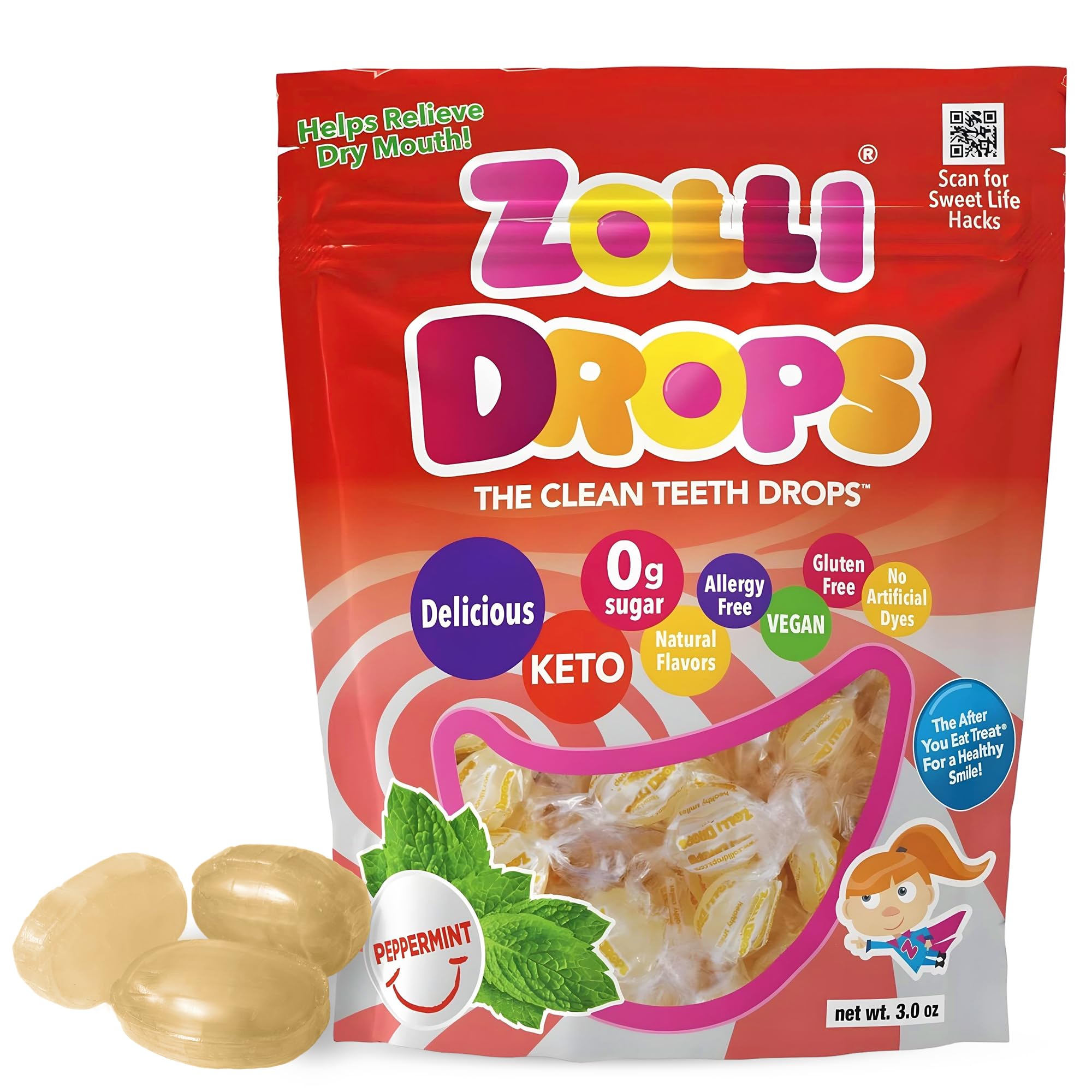 Zolli Drops Sugar Free Candy with Xylitol, Dye-Free Lollipops - Keto & Diabetic-Friendly, Dentist-Approved Treats for Kids(Peppermint, 3 oz)