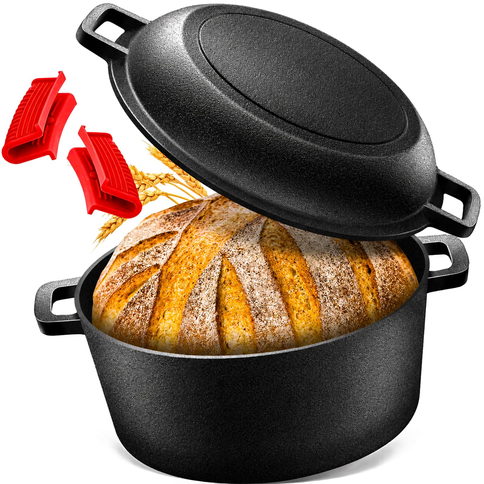 NZQXJXZ 5QT Olla de hierro fundido tipo Dutch Oven para hornear pan, molde para pan de 26 cm con tapa para hornear, olla para pan 2 en 1 con sartén