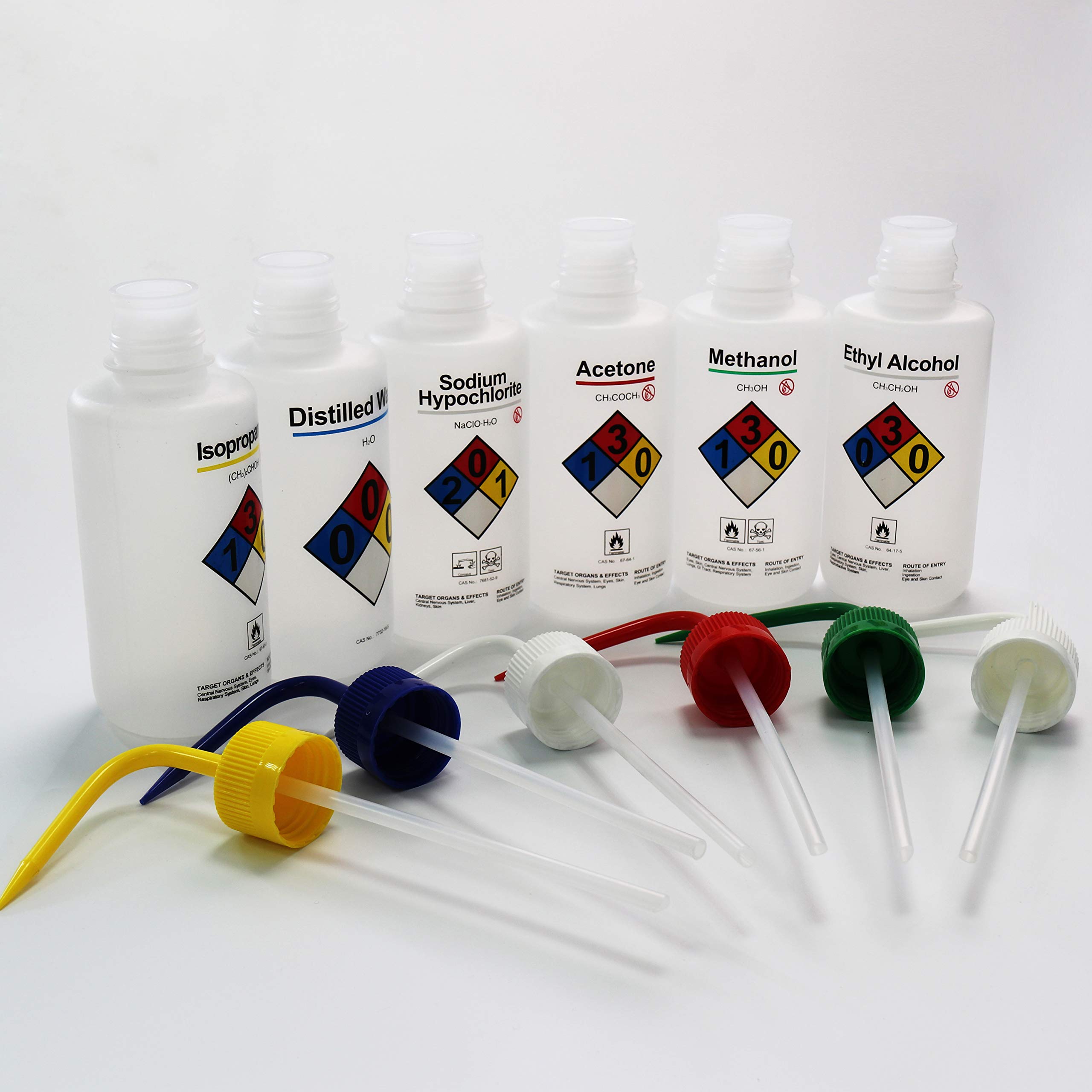 ULAB Scientific UWB1001 - Juego de botellas de lavado de seguridad (acetona, alcohol etílico, metanol, isopropanol, agua destilada, hipocloruro de sodio, 500 ml, con tubo de drenaje)