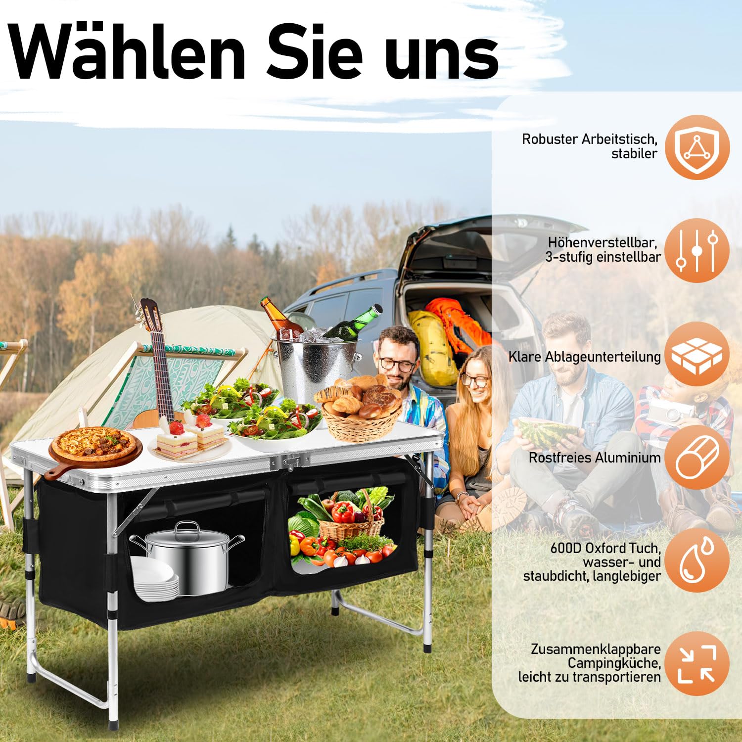 Campingküche,Outdoor Camping Küche,Schnell auf- und abgebaut Camping Schrank, Ink. Camping Möbel | Outdoor Camping Küche| mit Aluminiumgestell | Faltschrank,600D Schwarz