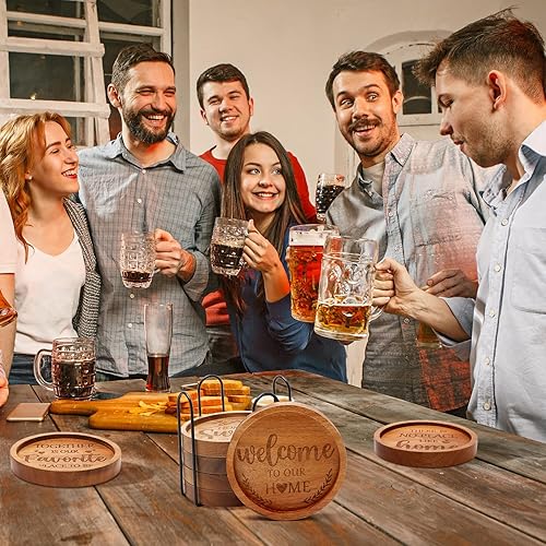 Miniatura 6 de Los mejores regalos de inauguración de la casa, posavasos de madera de acacia para bebidas, juego de 6 posavasos de madera con soporte para