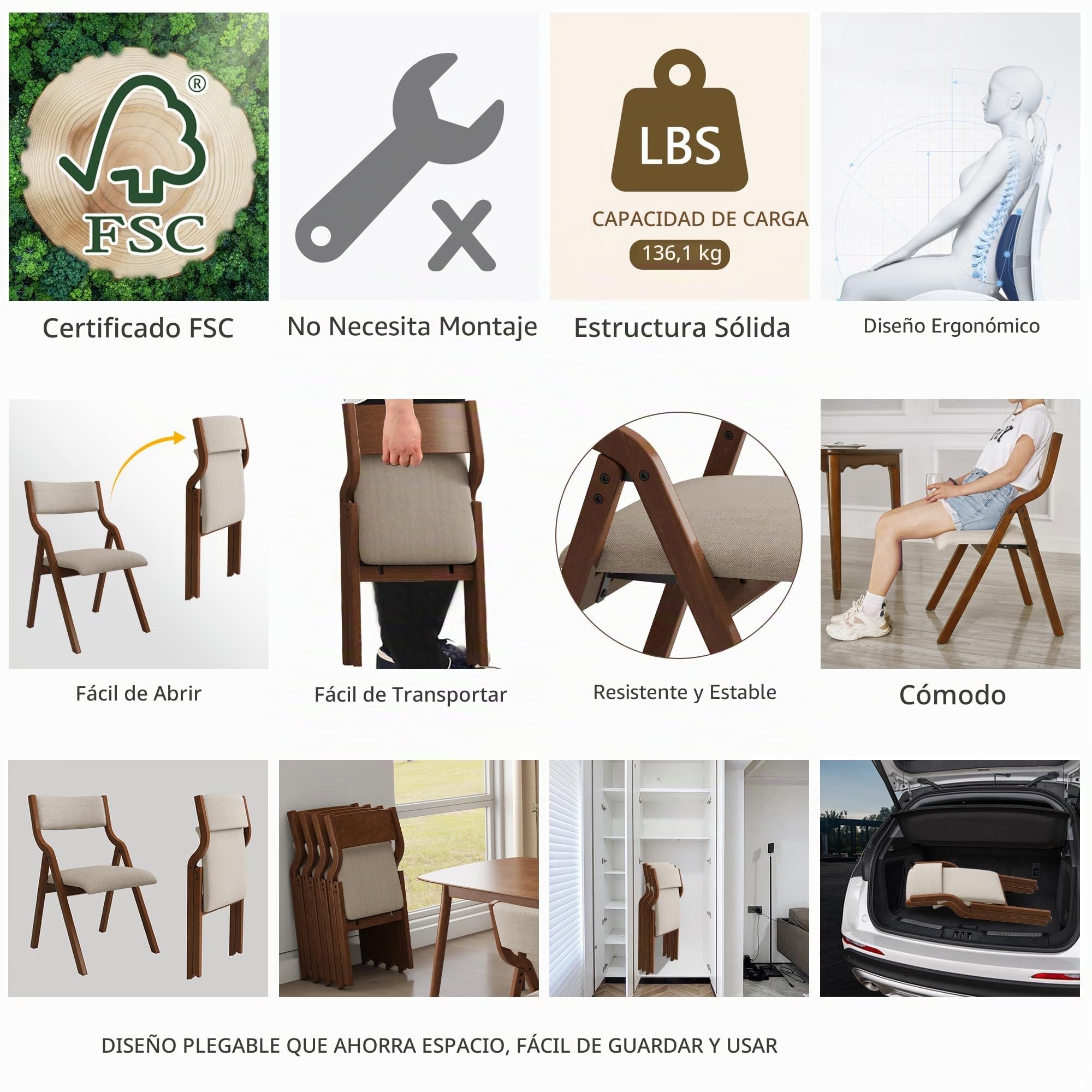 Ball & Cast Dining Chair Juego de 2 Comedor Oficina Plegable con Estructura de Madera, sillas de Cocina tapizadas portátiles para Actividades al Aire Libre, Color Gris Pardo, Altura del Asiento: 46 cm
