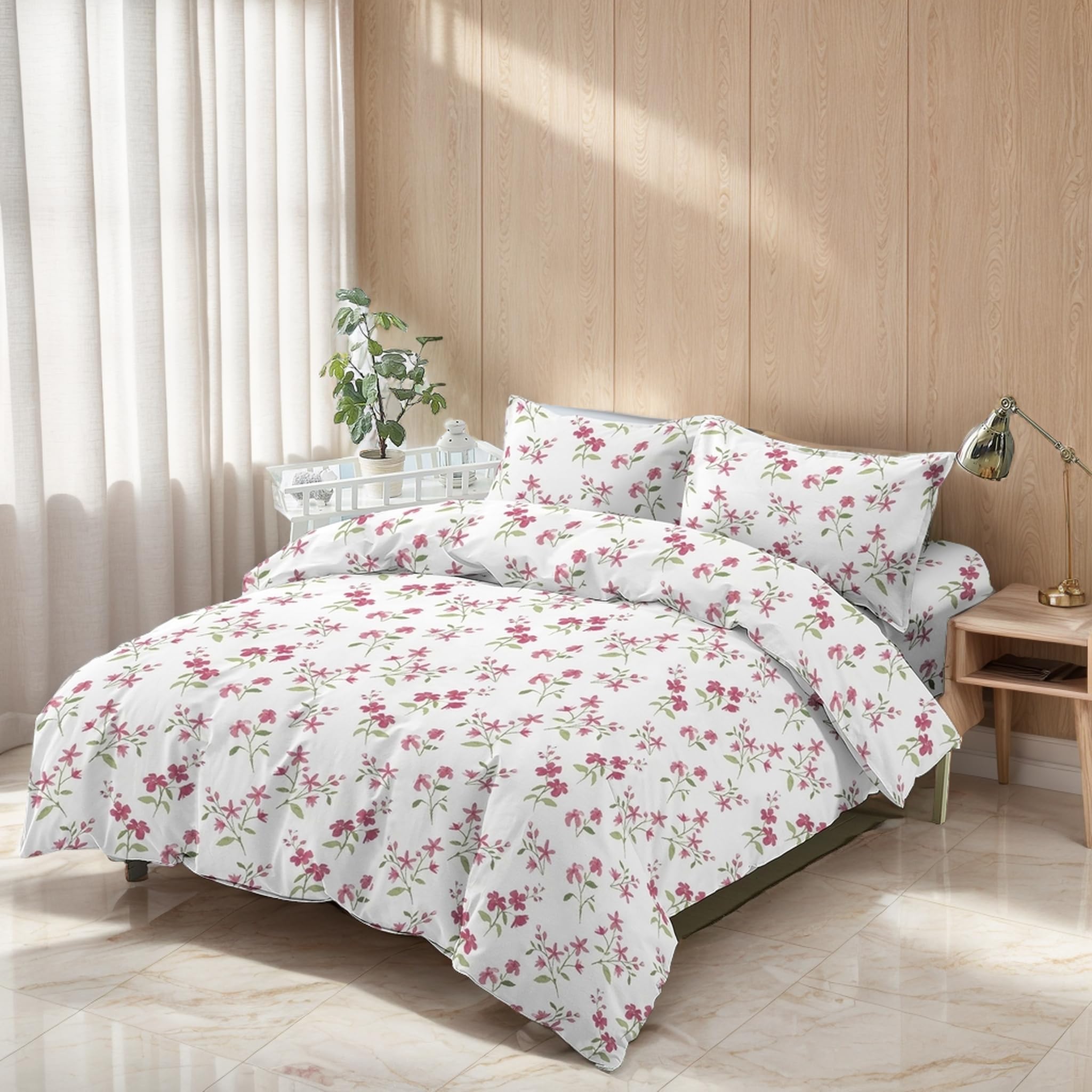 H HANSEL HOME Juego de Funda Nordica Microfibra de 3 Piezas para Cama 90 Ultra Suave Transpirable, Incluye 1 Funda Edredón 150x220cm, 1 Bajera 90x200+28cm, 1 Funda Almojada 50x110cm - Flor Rosa