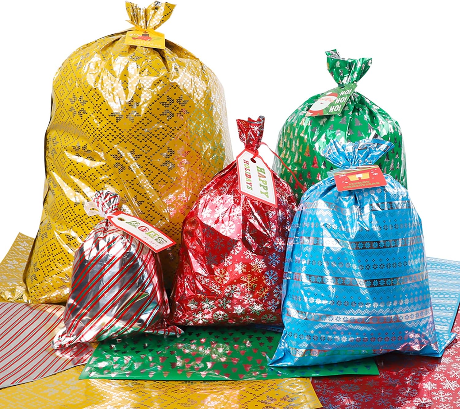 Jocacti 65 Pieces Christmas Bags Drawstring Wrapping Bags for Xmas Party, Holiday