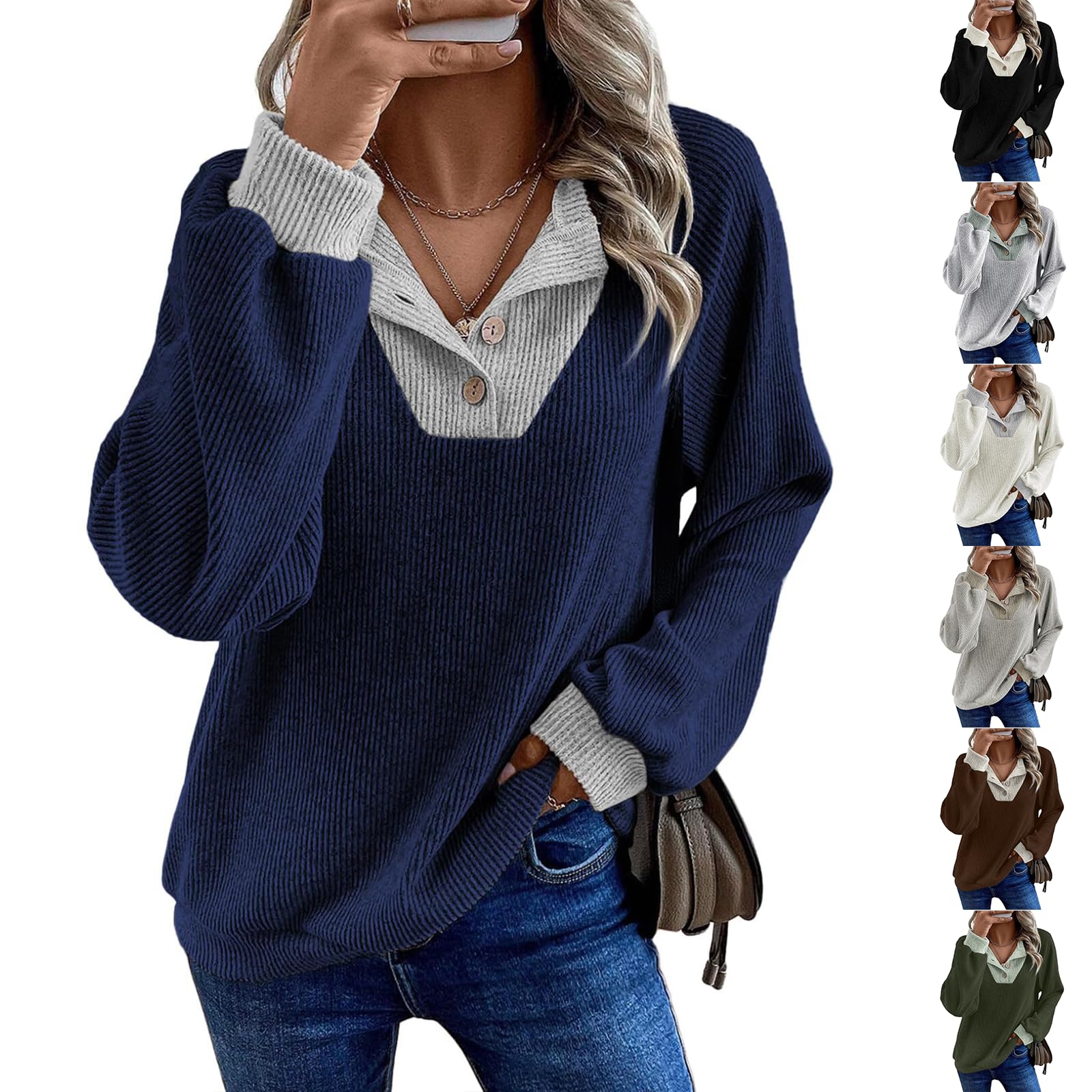 Knit Tops for Women V Neck Long Sleeve Shirts Color Block Sweat Shirt Loose Fall Shirts Dressy Cute