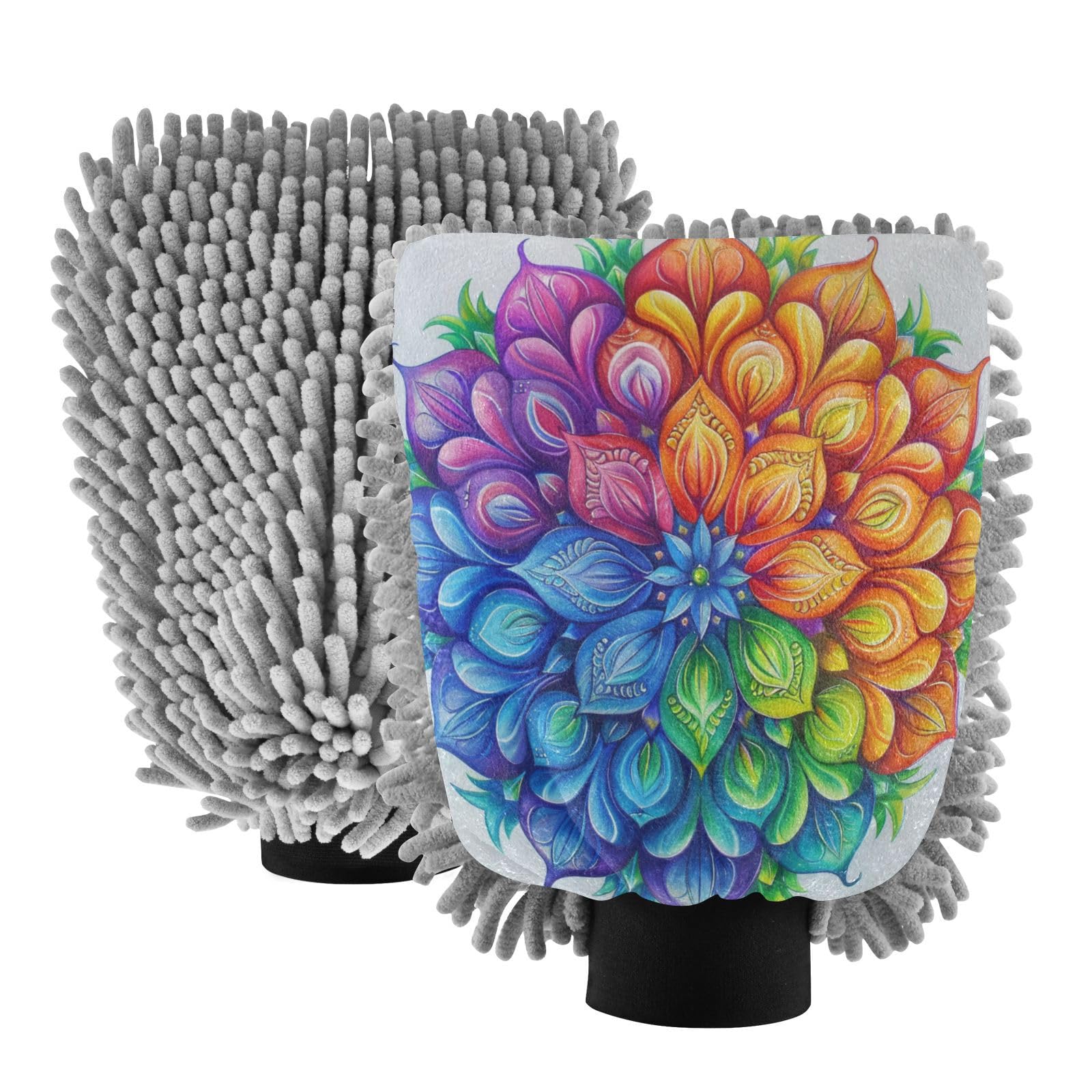 ALAZA Mandala Rainbow Car Wash Mitt Scratch Free, 2 Pack Absorbent Microfiber/Chenille Washing & Drying Mitts, M