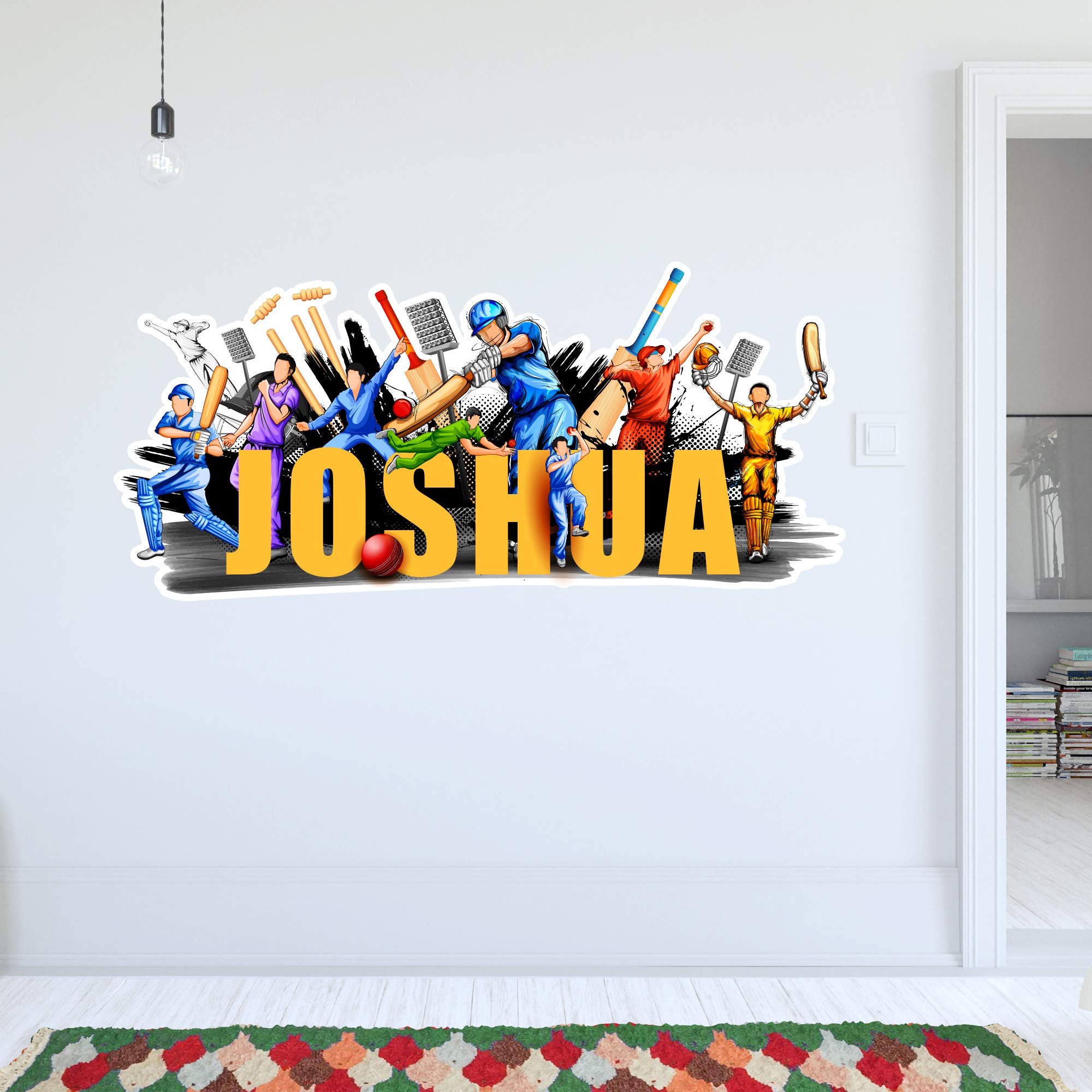 Cricket Players Personalised Name Wall Sticker Kids Bedroom Art Decal Mural (120cm Width x 60cm Height)