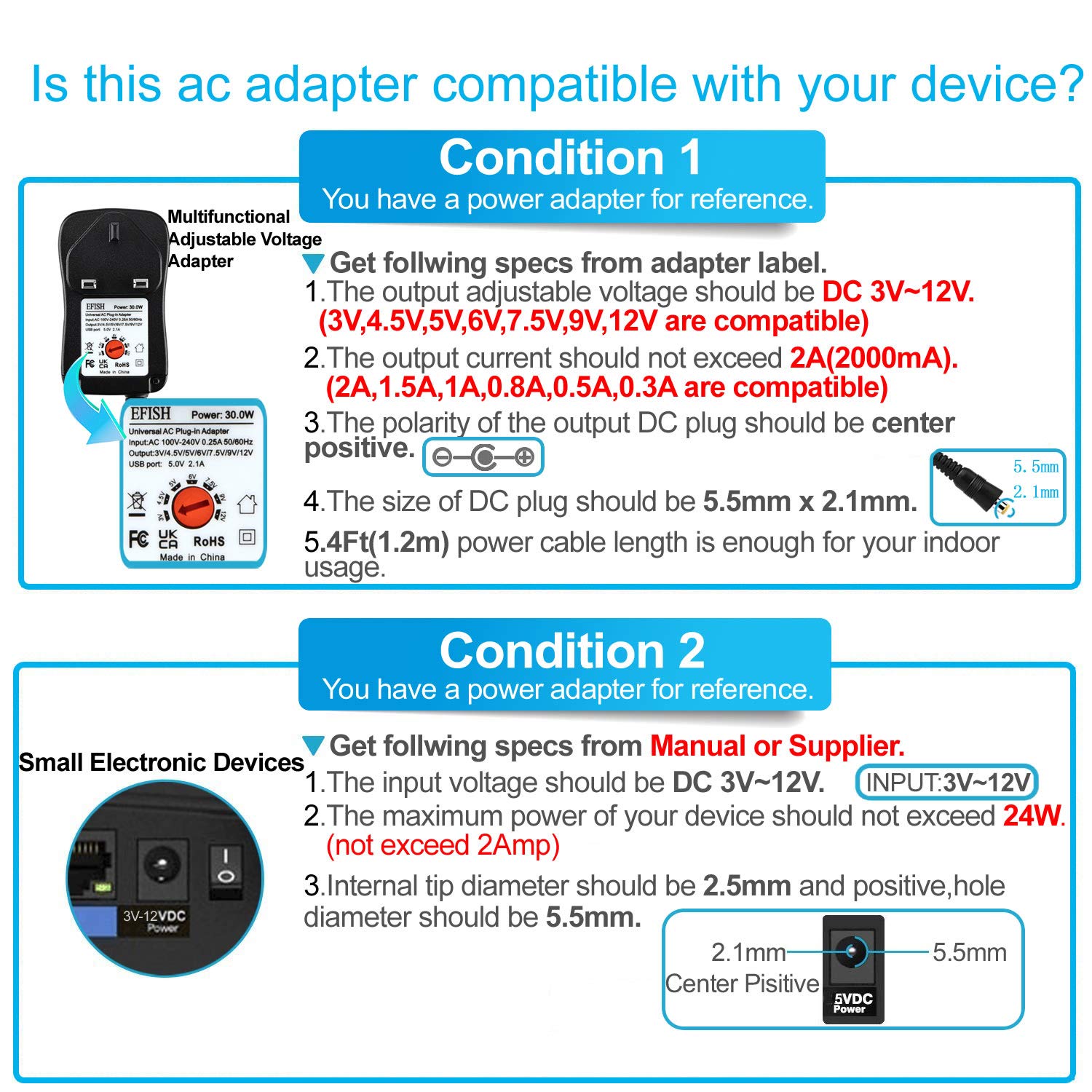 EFISH International Power Adapters Multifunctional Portable Power Transformers (Included USB),AC Supply Adapter 100-240V to DC 3V/4.5V/5V/6V/7.5V/9V/12V-MAX 2A (2000mA)+8 Different Plugs — view 4