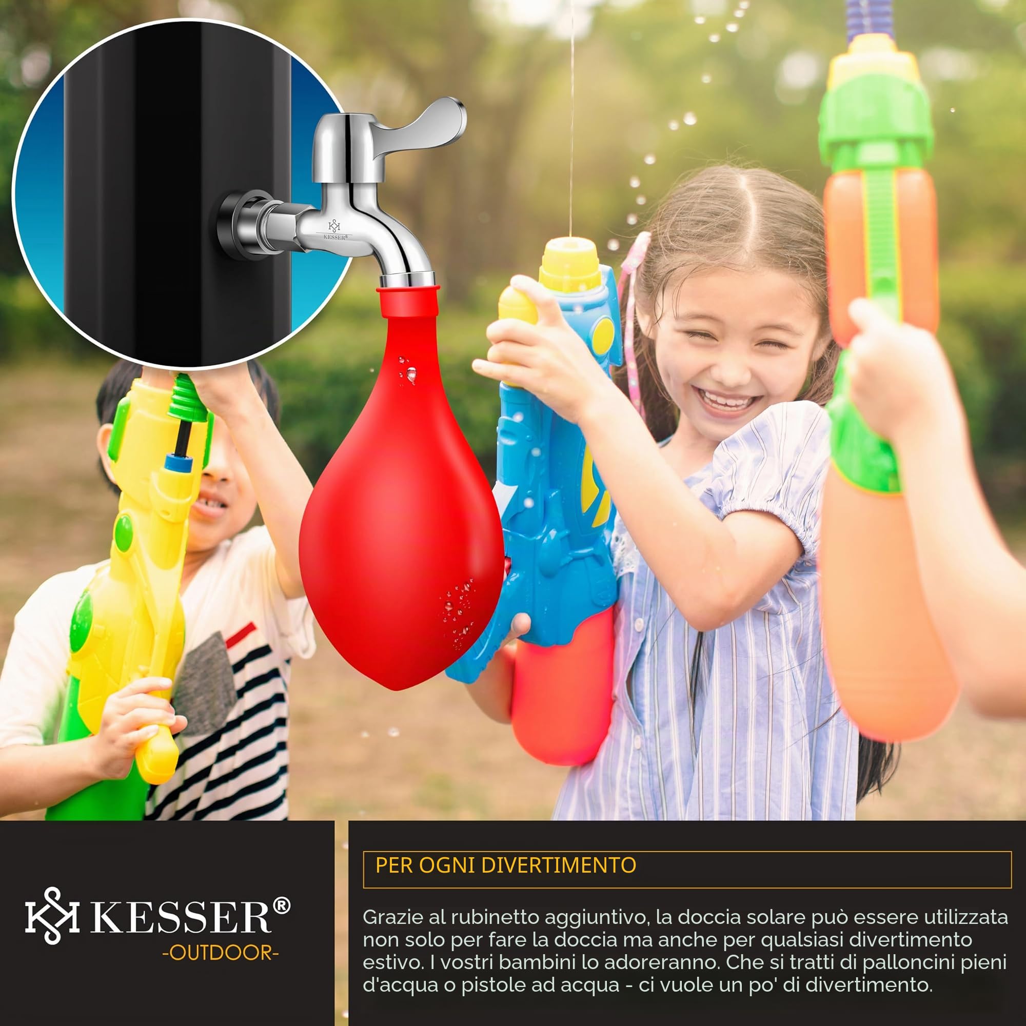 KESSER® Doccia solare da giardino da 60 l, doccia solare per giardino e piscina, con acqua calda, doccia per piscina senza corrente, soffione doccia a pioggia e rubinetto con connettore per tubo da