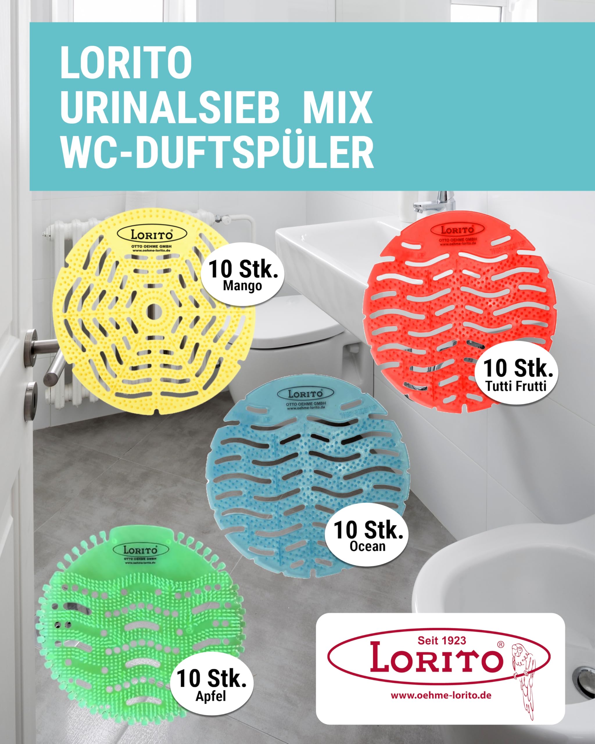 Lorito Urinalsieb mit Duft Mango Apfel Ocean Tuttifrutti je 10 Stk.