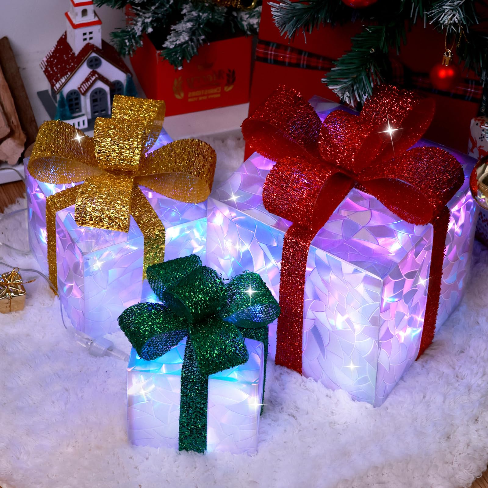 Set of 3 Valentines Day Decorations, Christma Lighted Gift Boxes, Indoor Outdoor Christma Decorations with 60 Lights, with 8 Lighting Modes, Gifts for Mom(Crescent Moon)