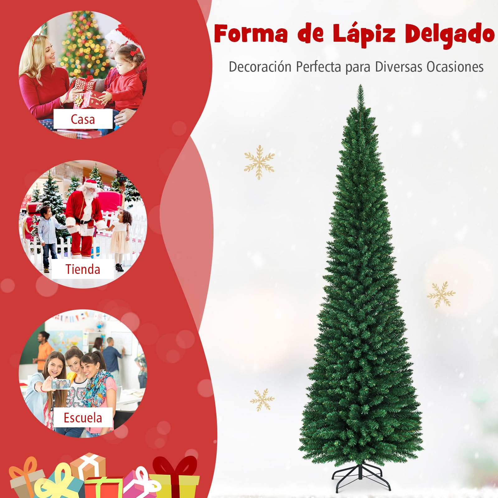 GYMAX Árbol de Navidad Slim 150/180/210/240/270 cm, Estrecho y Alto, con 220/400/700/1000/1500 Ramas de PVC ignífugo, Árbol Artificial con Soporte de Metal, para el Hogar, Tienda, Oficina (270cm)