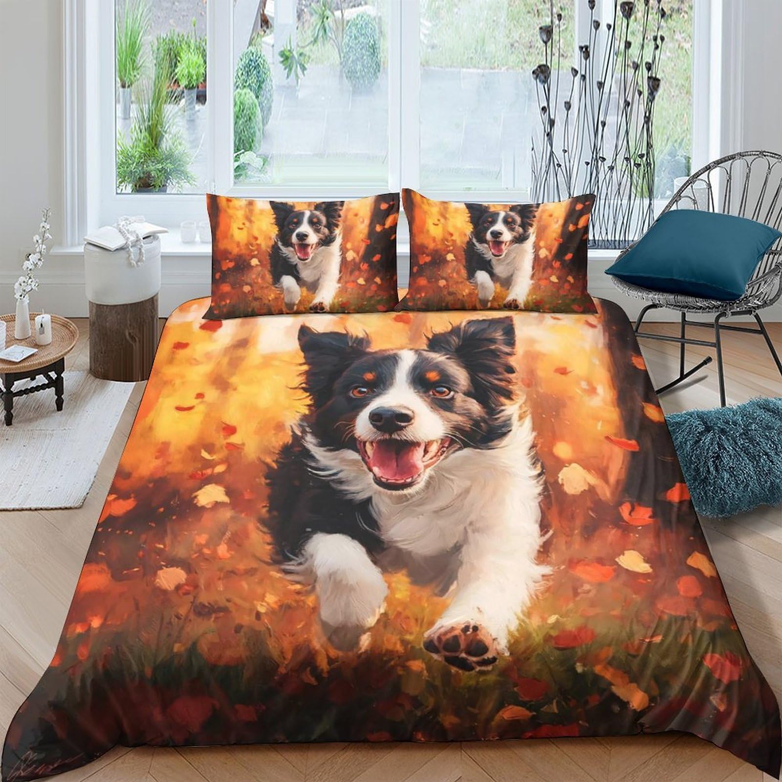 GPLZQXKJNH 3D Printed Autumn Border Collie Duvet Cover Microfiber Bedding Set Dog Pattern with 2 Pillowcases for Bedroom Decor Single（135x200cm）