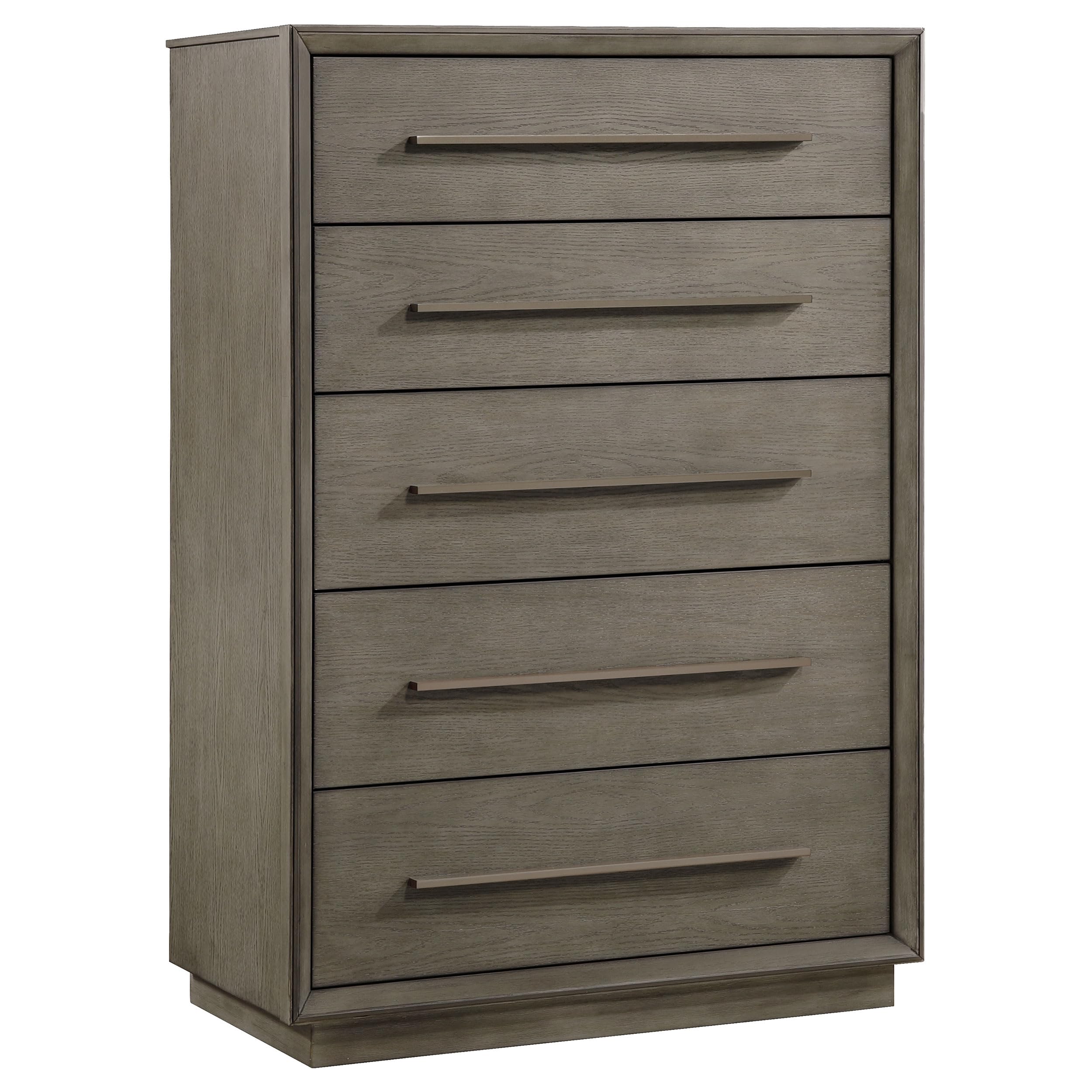 Coaster Home Furnishings Durango Taupe Oak Wood 5-Drawer Chest with Long Bar Pulls, Flat Panel Front, Linear Handles and Mitered Trim. Top drawer needs replaced, some marks along backboard, minor scratch on bottom right corner. 38.0 In. W X 54.5 In. H X 20.0 In. D