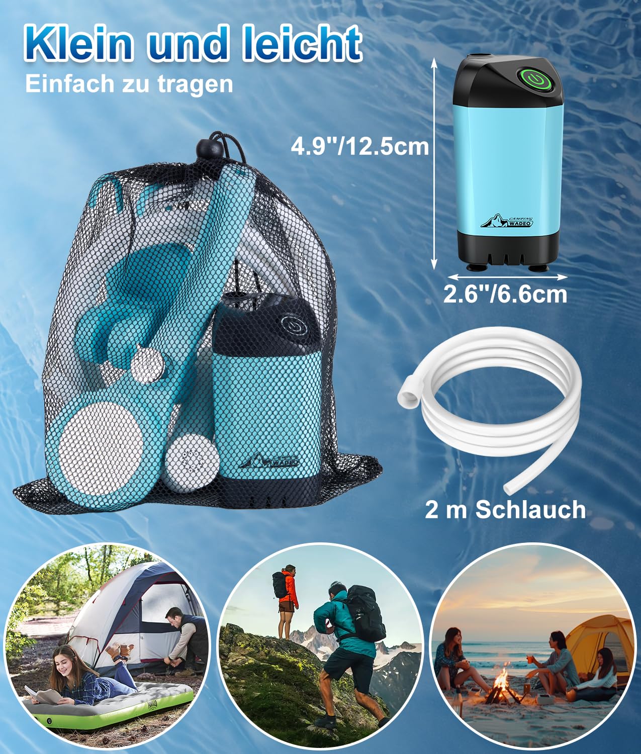 WADEO Tragbare Campingdusche Akku mit Pumpe, Camping Dusche Outdoor mit wiederaufladbarem 6000-mAh-Akku, Mobile Duschen Außenduschen mit Duschkopf und Schlauch, für Camping Reisen Garten Autowaschen