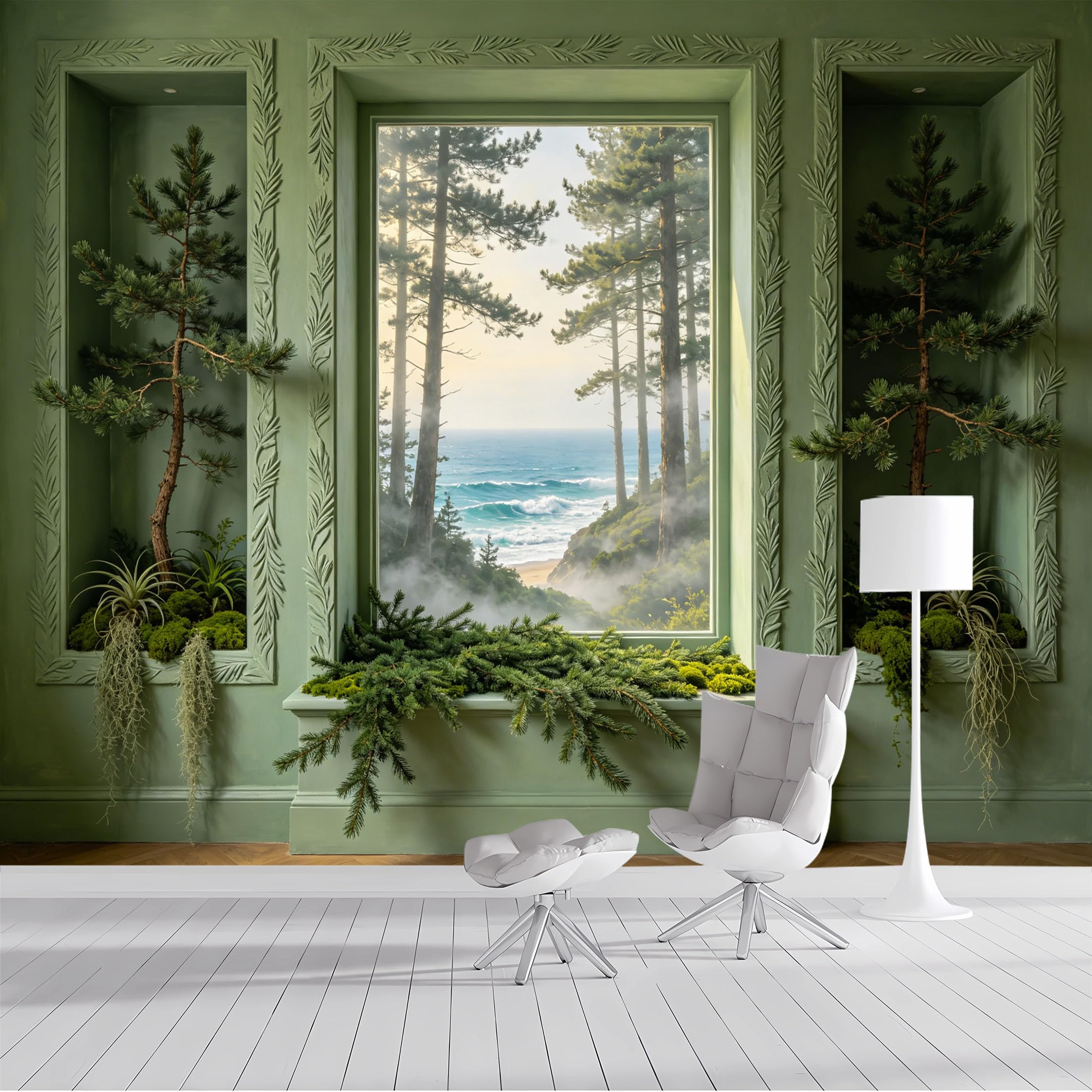 Custom Size Wall Mural Coastal Pine Forest Window View 3D Effect Trompe L'Oeil SelfAdhesive Wall Fabric Removable Wallpaper Wall Decor for Living Room Bedroom Bathroom