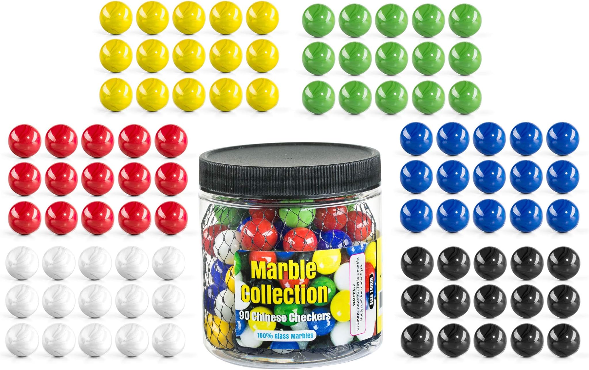 Chinese Checkers Glass Marbles. Set of 90, 15 of Each Color. Size 9/16” (14mm), with Practical Container…