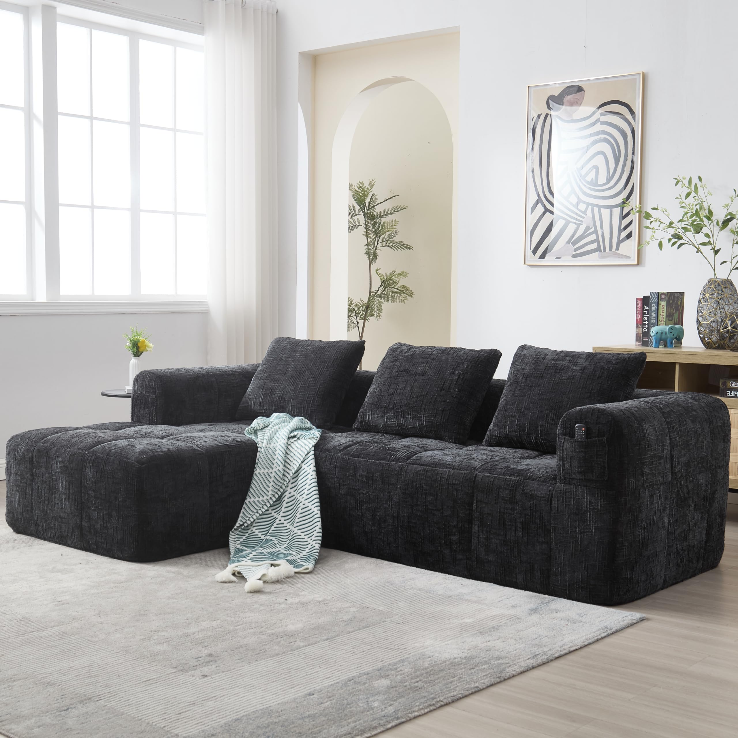 Soweiz Sofá L, sofá de 3 plazas, sofá seccional, no requiere instalación, sofás de chenilla con chaise longue y reposabrazos, 3 cojines, bolsillo lateral para mando a distancia, 250 x 158 x 60 cm