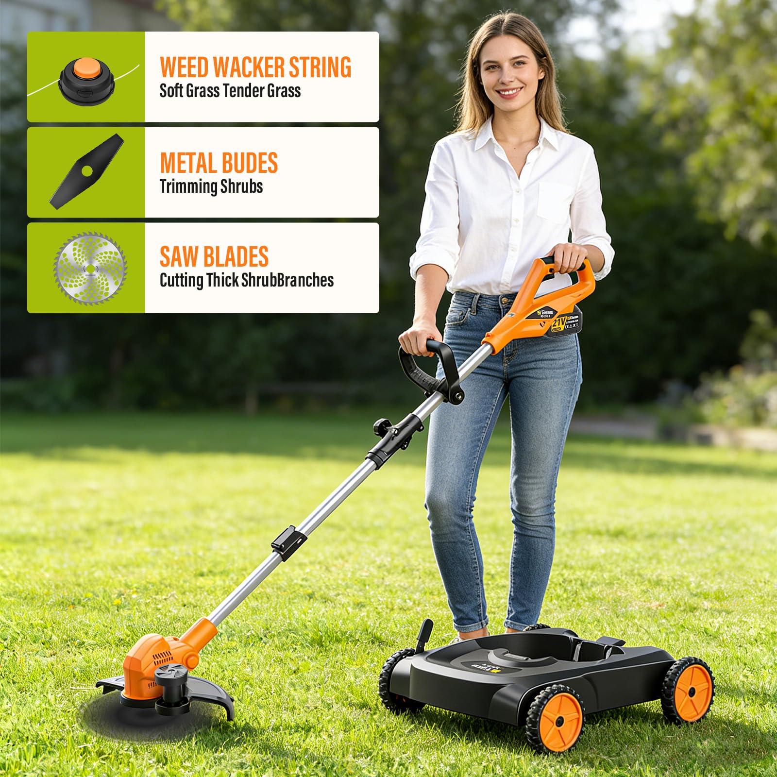 Cortacésped sin Cable 3 en 1, Recortadora & Bordeadora, Motor Sin Escobillas 3000W, 18,9" 3 Cuchillas, 2×4.0Ah, Altura y ángulo Ajustables,Convient Aux Pelouses Et Aux Mauvaises Herbes (bl)