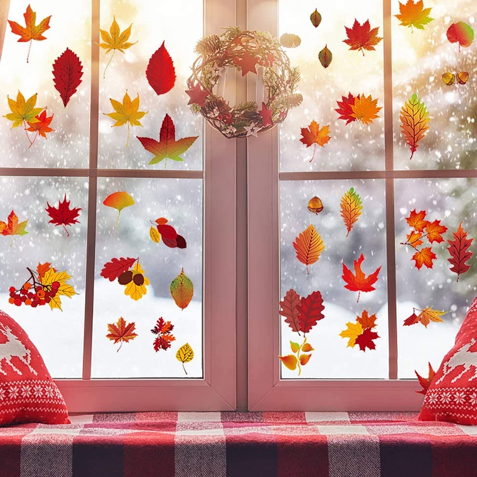 MORAINJAY Herbst-Fensteraufkleber - 96 Bunte Ahornblätter Für Die Herbstdekoration