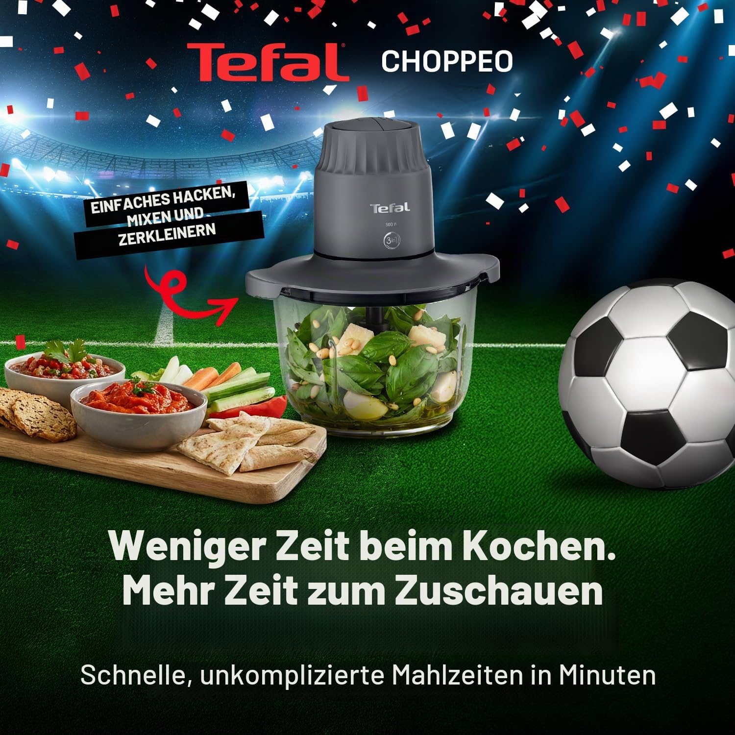 Tefal Choppeo XXL Zerkleinerer Kapazität, 2L Glasschüssel, Küche Mini Küchenmaschine, Anti-Rutsch-Matte, Aufbewahrungsdeckel für Reste, 2 Geschwindigkeiten, 500W, Hummus, Gemüse, Grau MB603BG1
