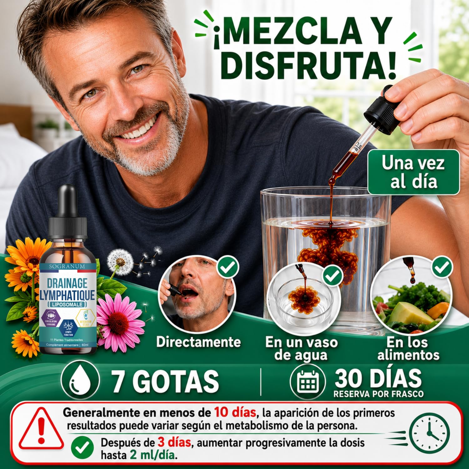 Drenaje linfático liposomal | Circulación sanguínea, flebitis, presión arterial | 11 plantas tradicionales (diente de león, bardana, equinácea) para la eliminación de toxinas | 60 ml