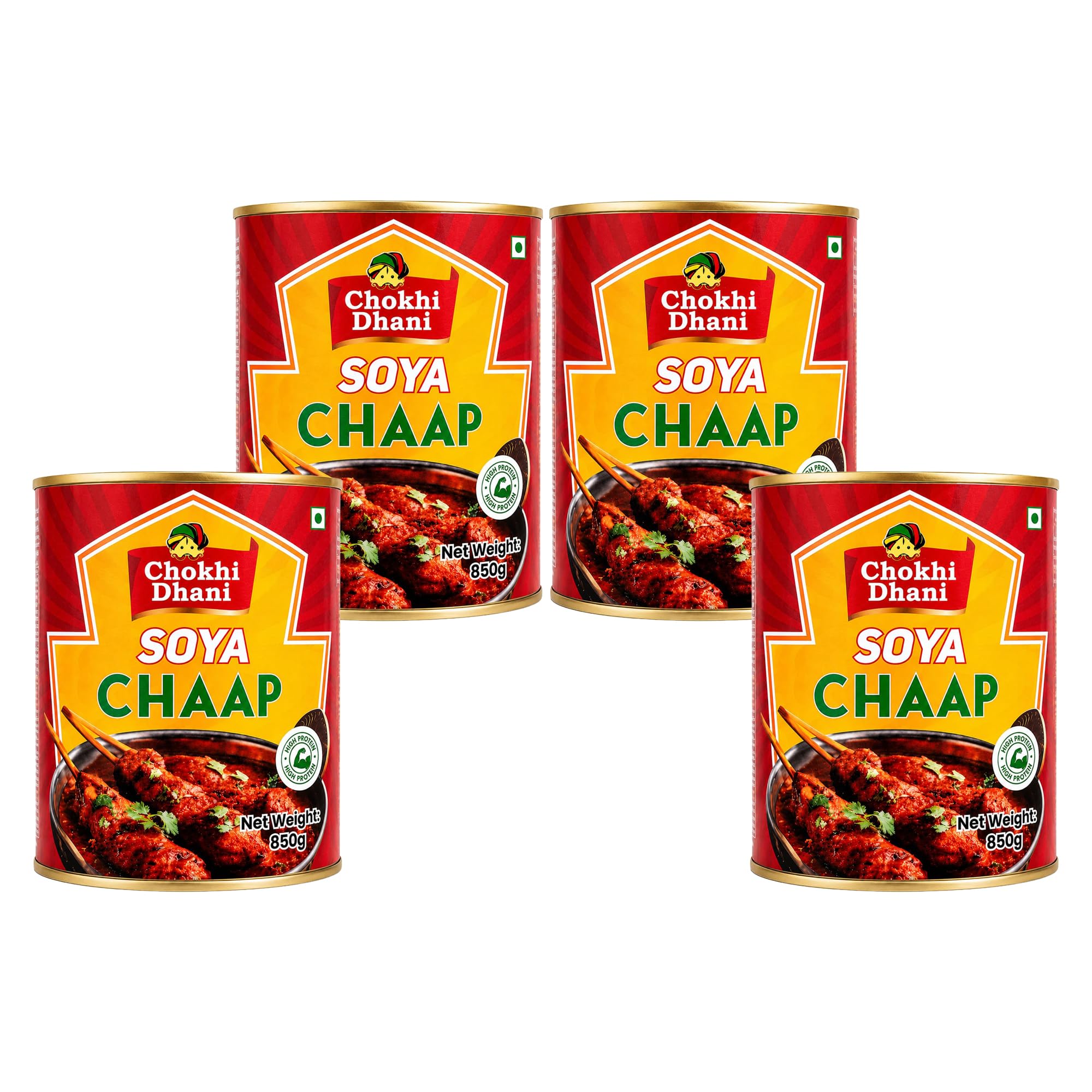Chokhi Dhani Veg SOYA Chaap 850g x 4 | High Protein Ready-to-Cook Soy Chap | Canned Food Chunks on Stick | Ideal for Curry, Tandoori, Gravy & Snacks