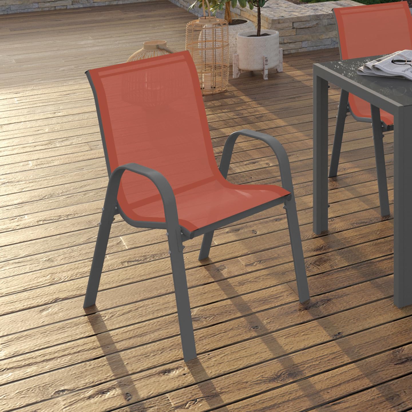 IDMarket - Juego de 6 sillas de jardín LYMA metal y textileno apilables Terracota