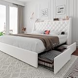 iPormis Full Size Bed Frame with 4 Storage Drawers, Upholstered Platform Bed Frame with Type-C & USB Ports, Wingback Storage Headboard, Solid Wood Slats, No Box Spring Needed, White