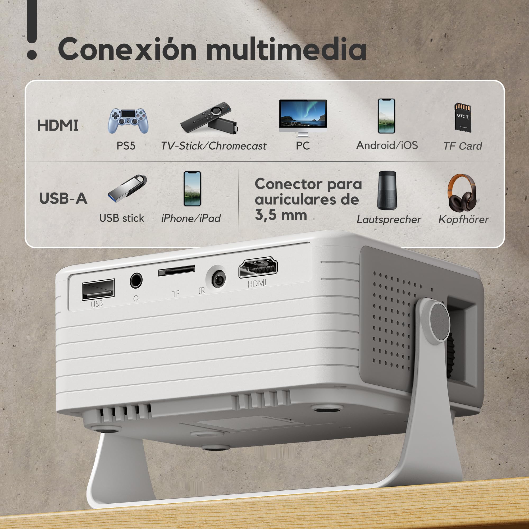 Mini Proyector Portátil [Auto Keystone & Rotación de 360° ] AKIYO O1 Proyector 2026 Upgraded 15000 Lumens 1080P Soporte, 50% Zoom, Projector Portable Compatible con Teléfonos/PC/PS5/TV Stick/HDMI