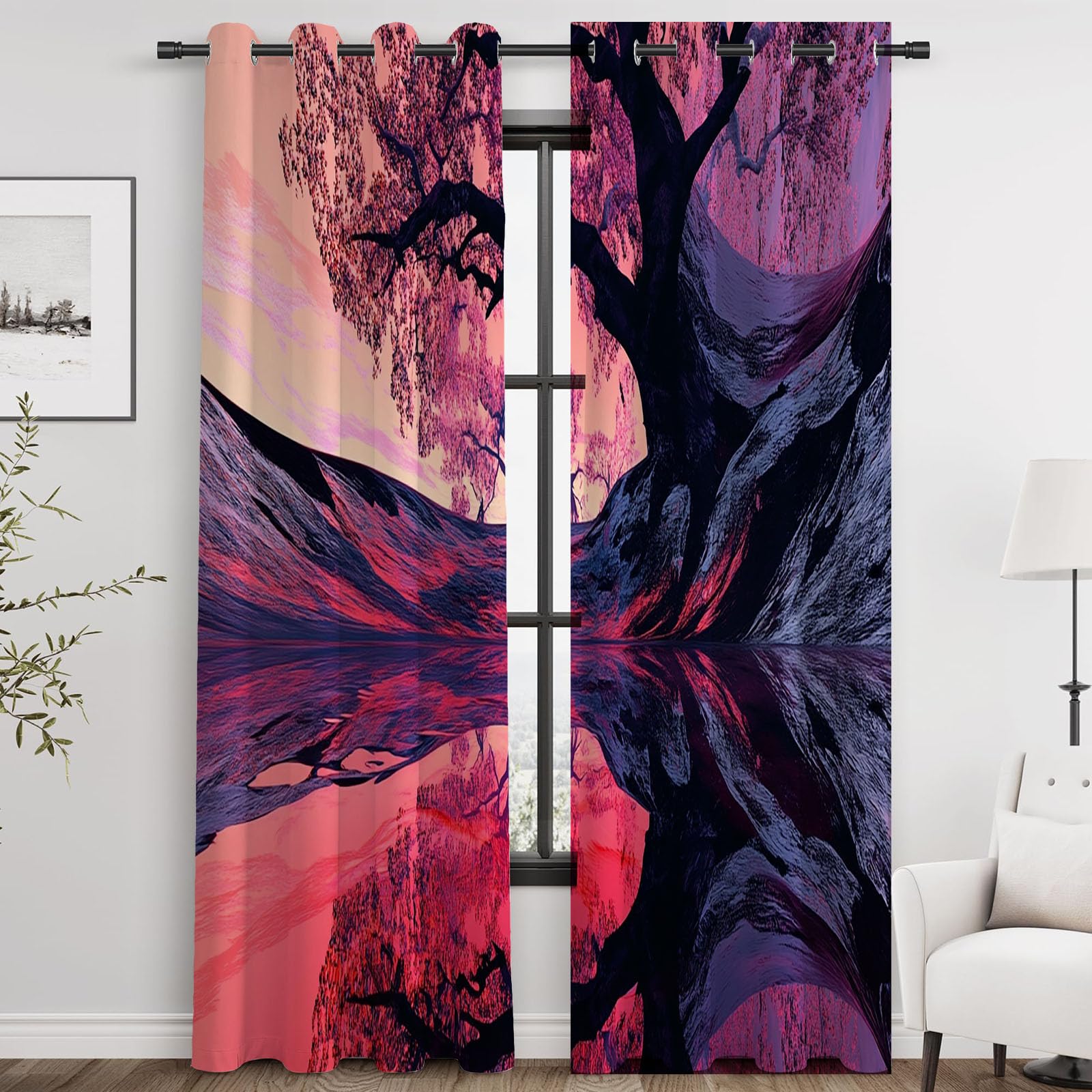 Blickdichte Gardinen - Fantastischer rosa Blütenbaum mit Wasserspiegel Szenerie Abstrakt Thermovorhang, Verdunkelungsvorhang für Wohnzimmer und Schlafzimmer-H230 x B130 cm (2er Pack)